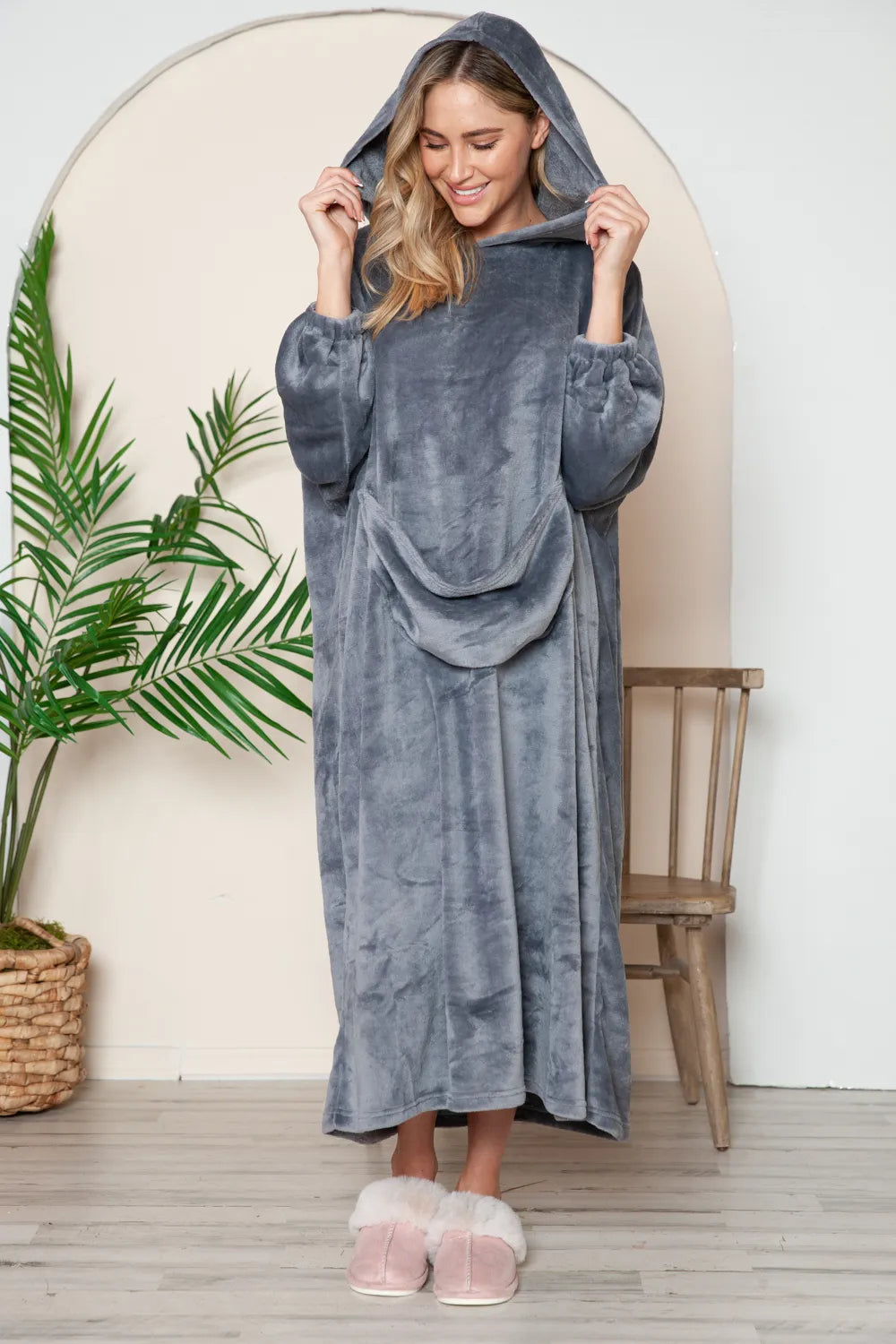 Double Take Full Size Pocketed Hooded Midi Lounge Dress in grey fleece with front pocket