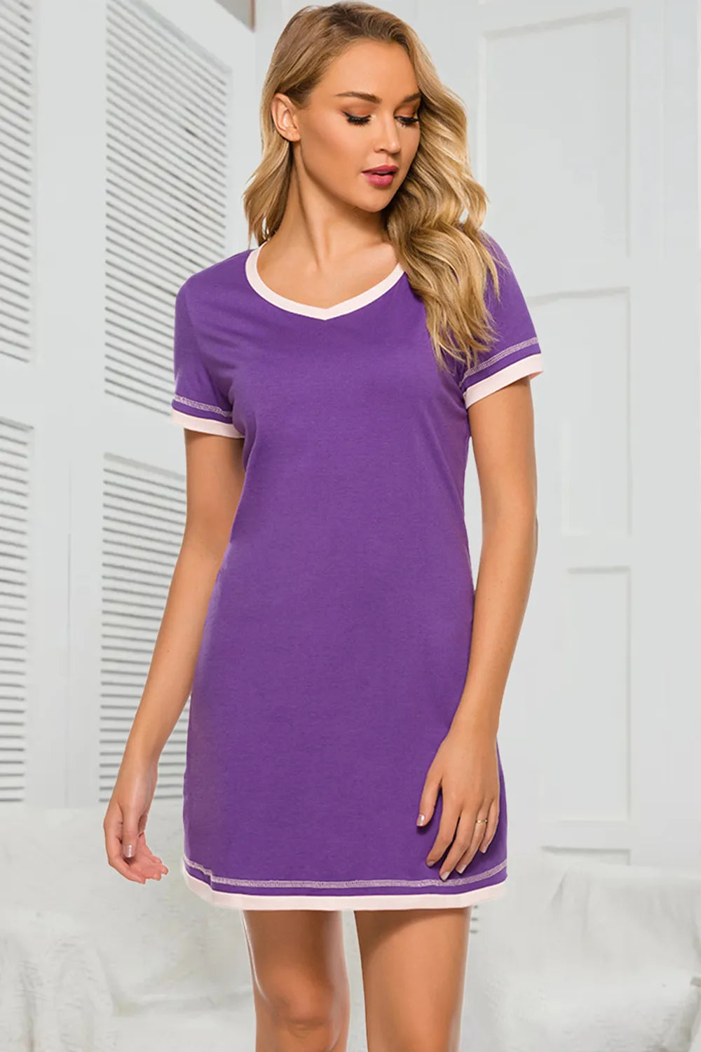 Contrast Trim Short Sleeve Lounge Dress in purple with white trim