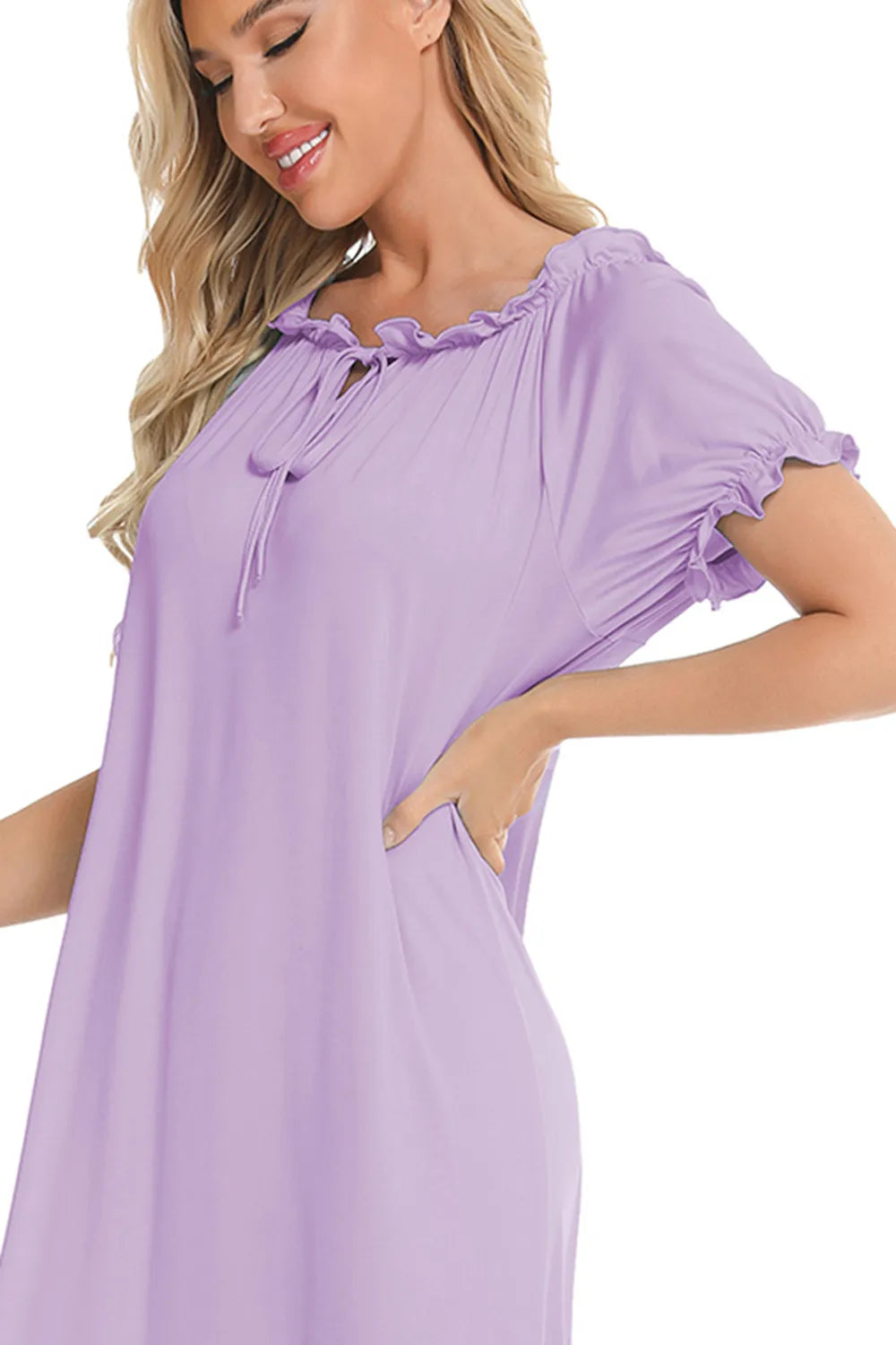 Lace Detail Short Sleeve Lounge Dress in lavender with ruffled neckline and sleeves
