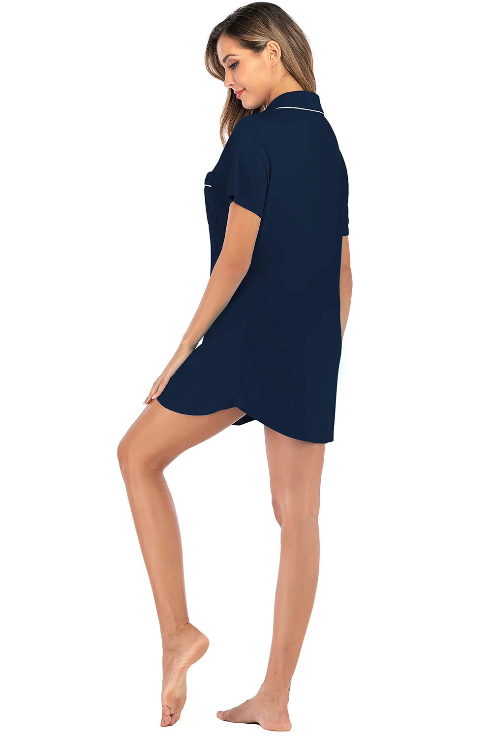 Contrast Piping Pocketed Short Sleeve Lounge Dress in navy, back view