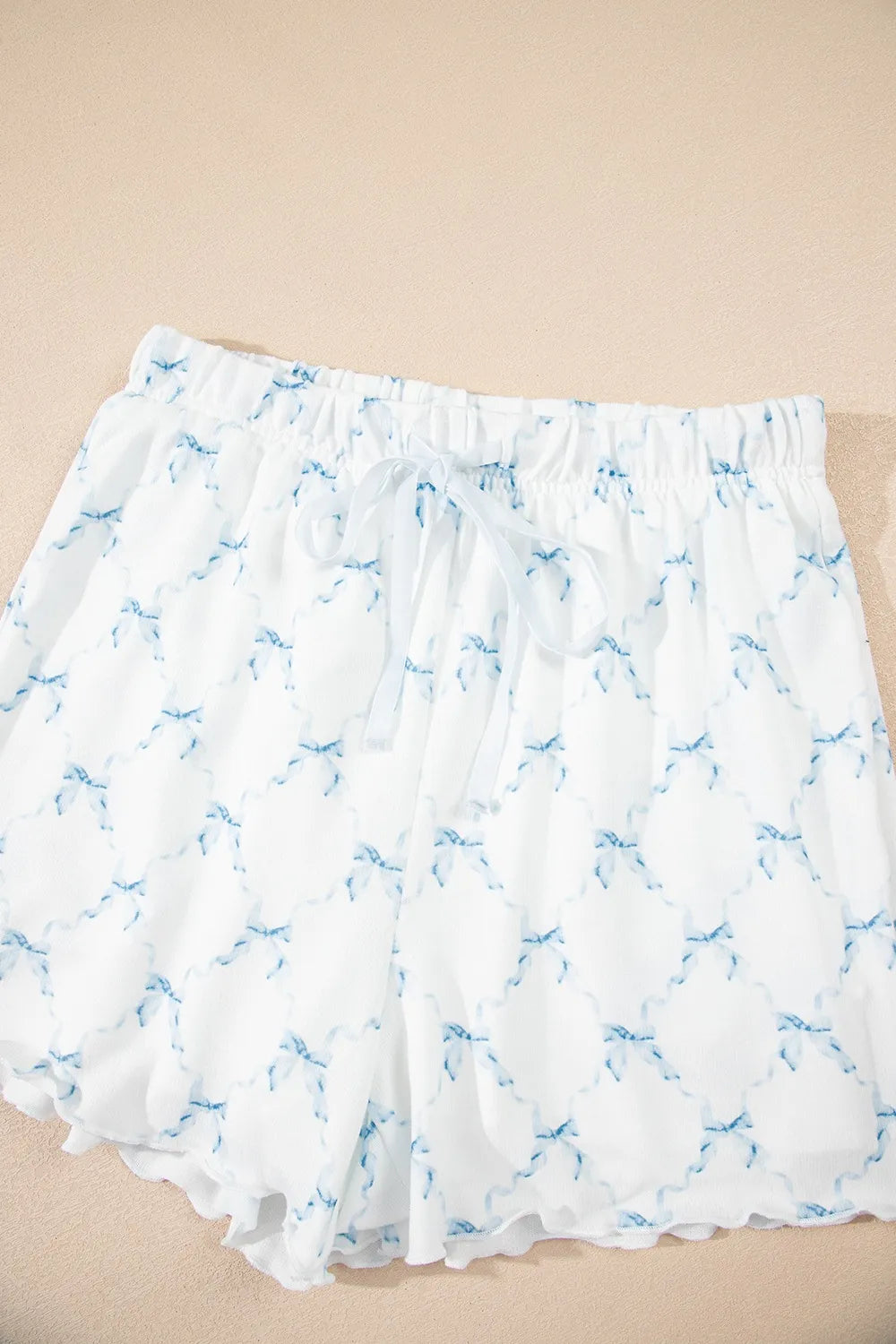Printed Round Neck Top and Shorts Two-Piece Lounge Set with blue bow print