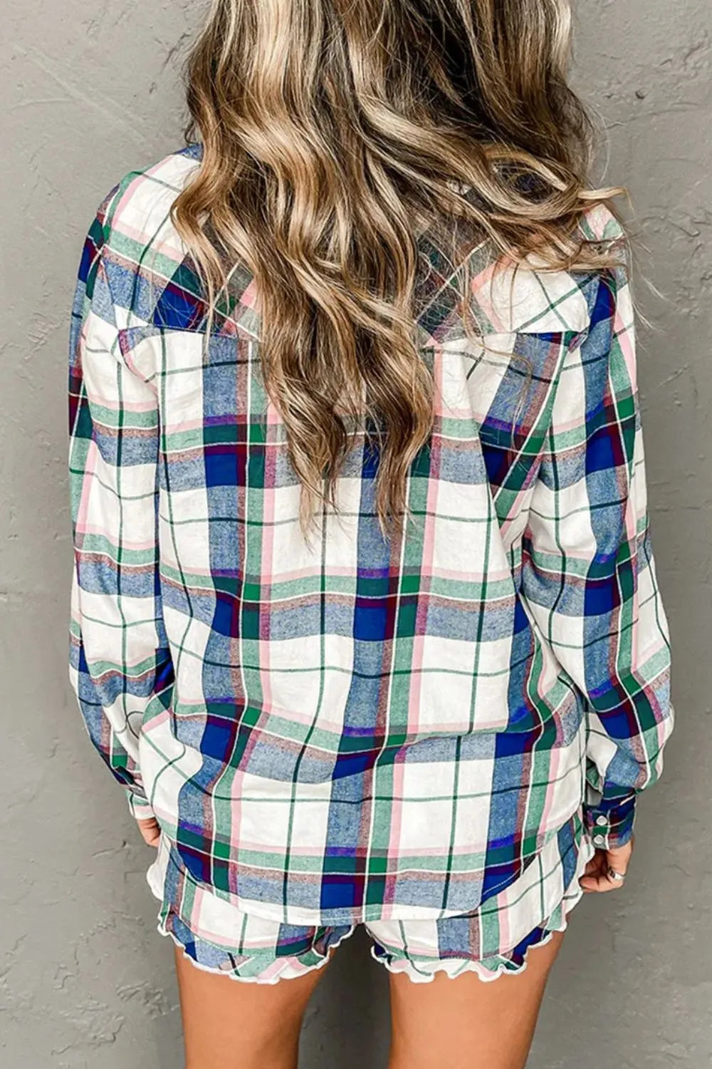 Plaid Snap Down Long Sleeve Top and Shorts Lounge Set, back view