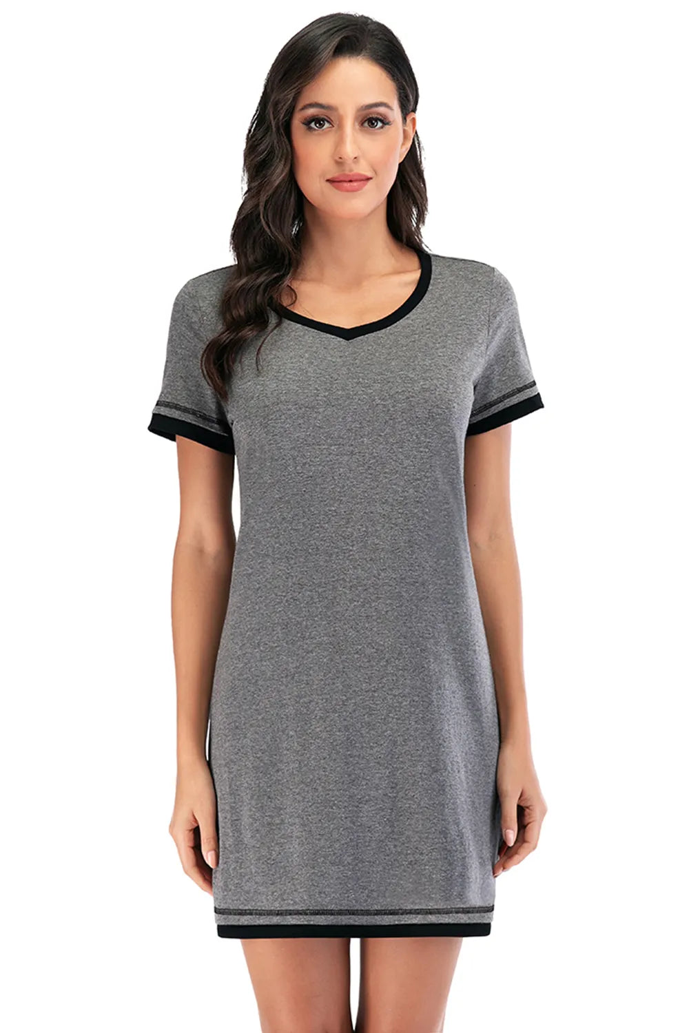 Contrast Trim Short Sleeve Lounge Dress in grey with black trim, worn by a woman
