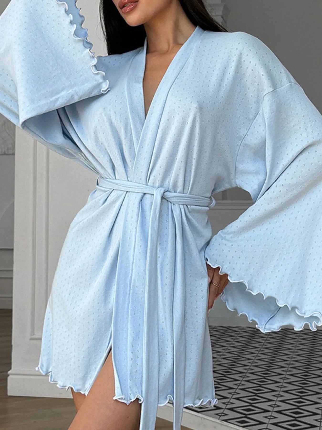 Tie Waist Kimono Sleeve Lounge Nightgown in light blue with ruffled trim
