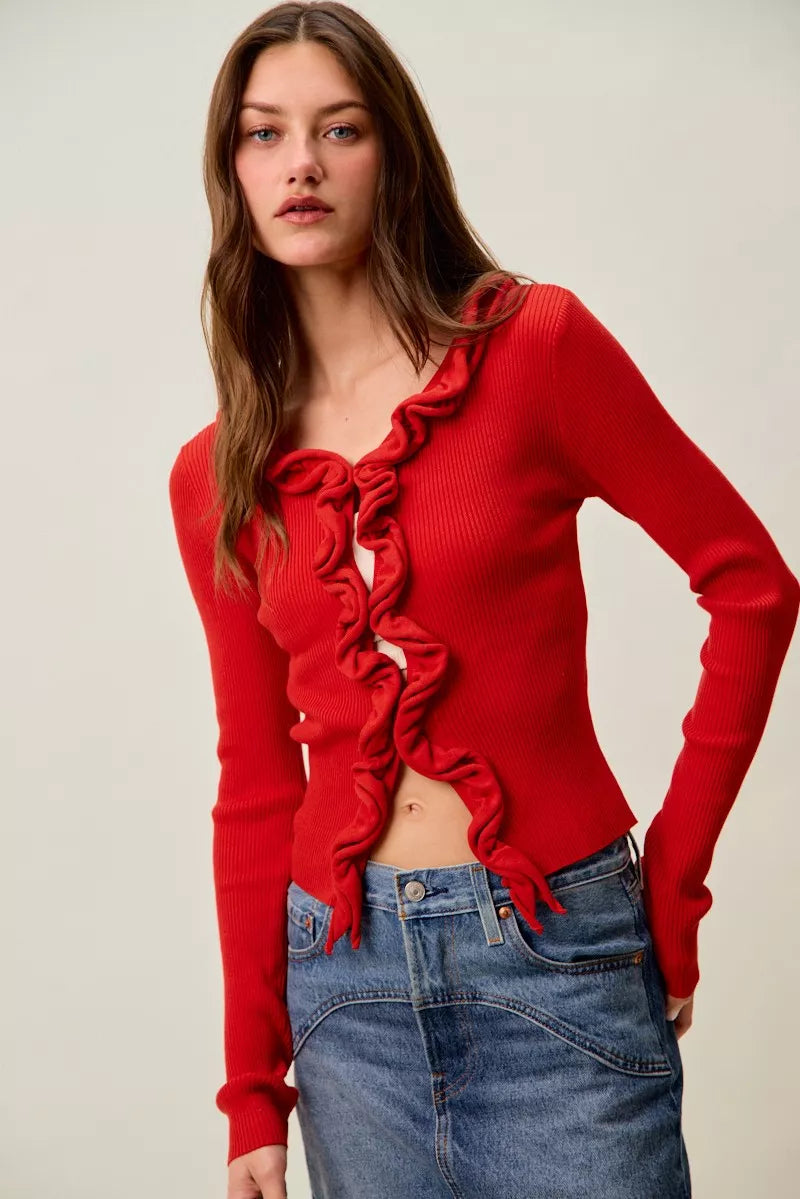 SO ME Cascade Ruffle Ribbed Sweater Cardigan in red with long sleeves and ruffle detail
