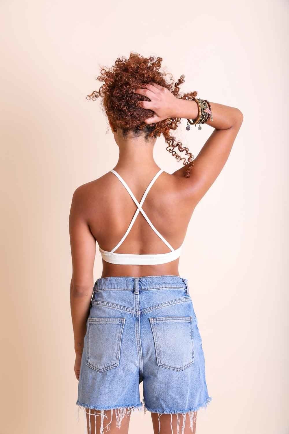 Crochet Lace High Neck Bralette with halter style and cross-back straps