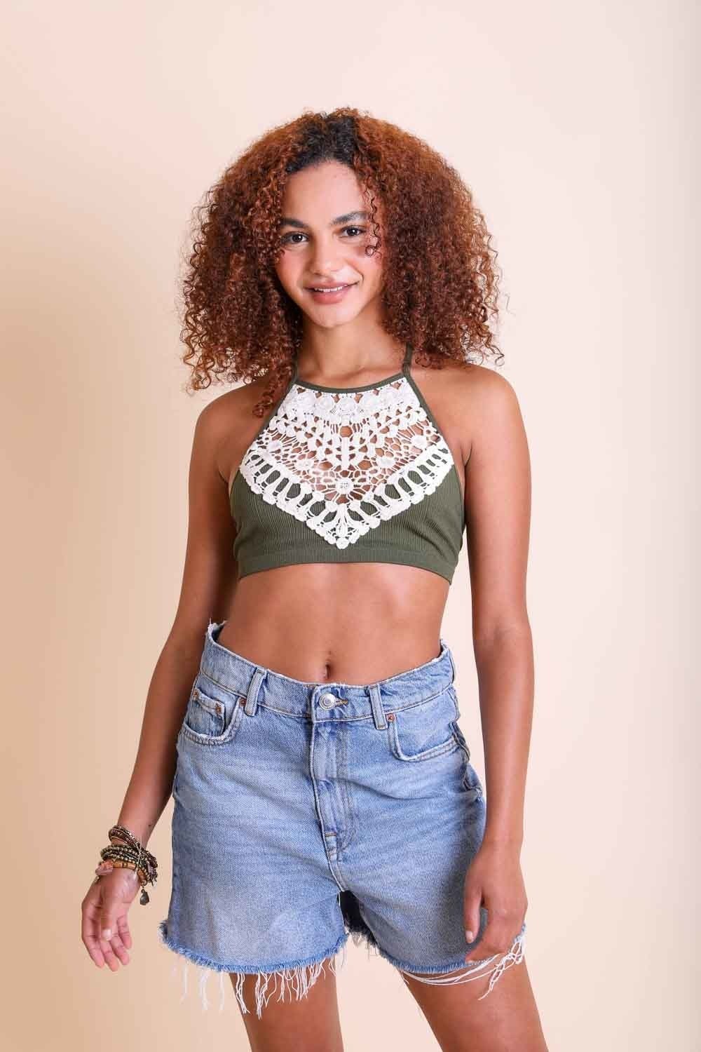 Crochet Lace High Neck Bralette in halter style with cross-back, worn by a model