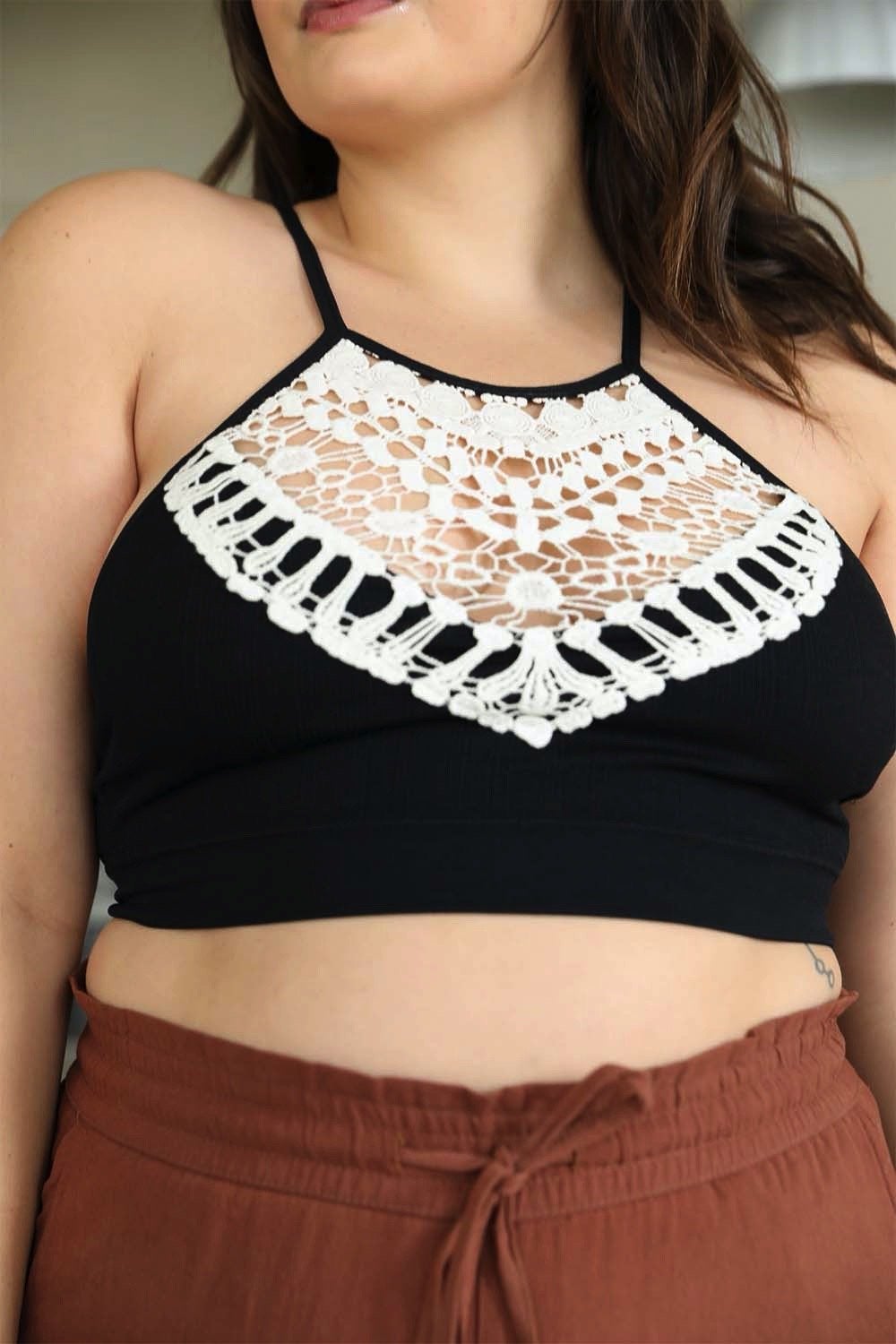 Crochet Lace High Neck Bralette, halter style with cross-back, black with white lace