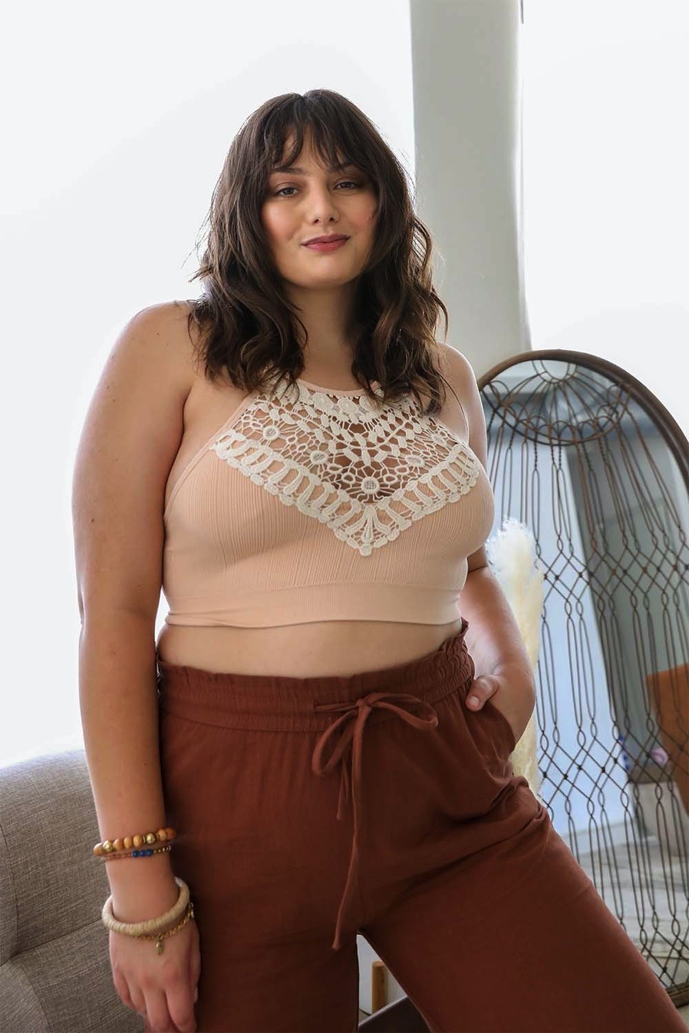 Crochet Lace High Neck Bralette in halter style with cross-back