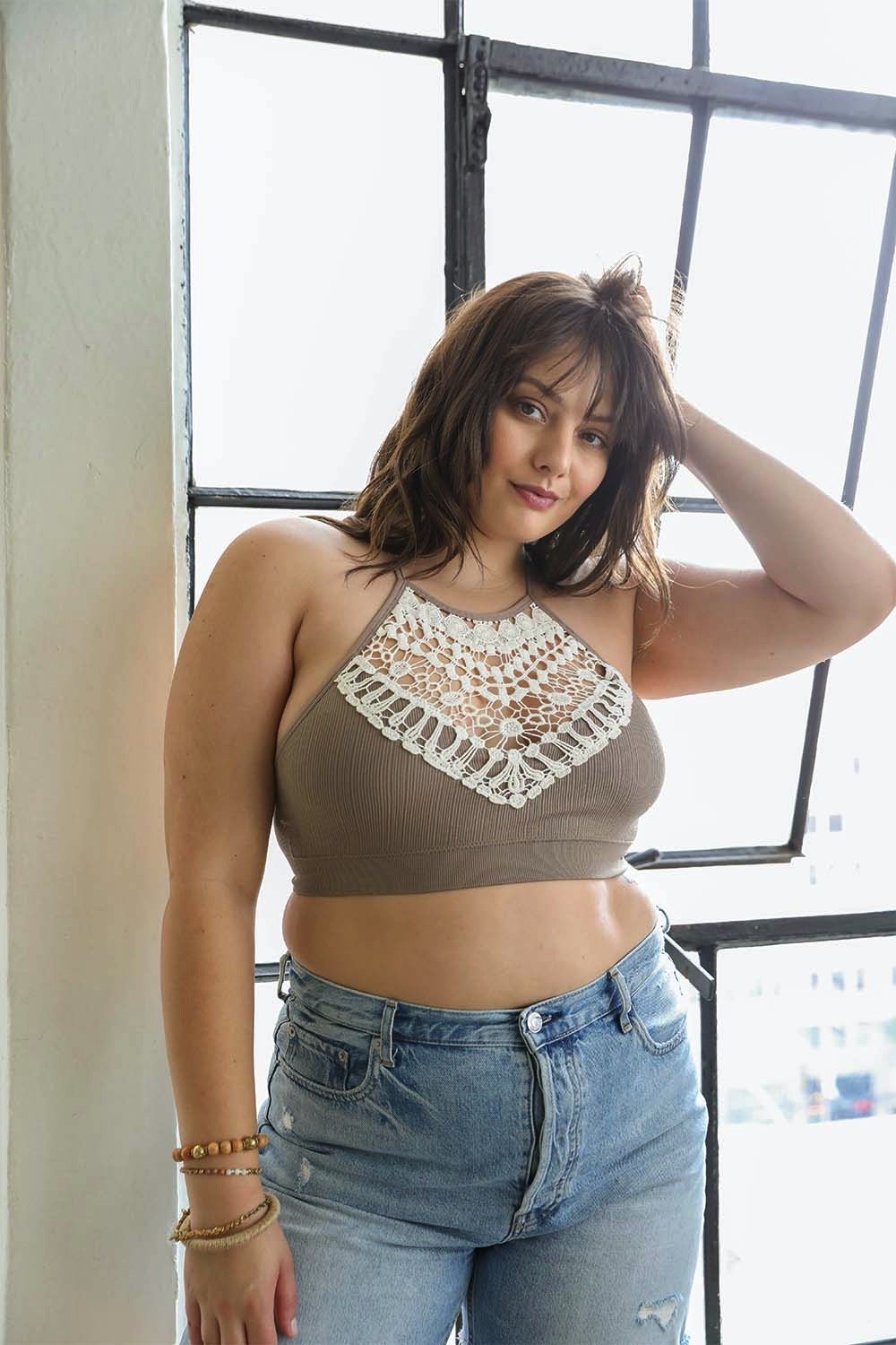 Crochet Lace High Neck Bralette in halter style with cross-back