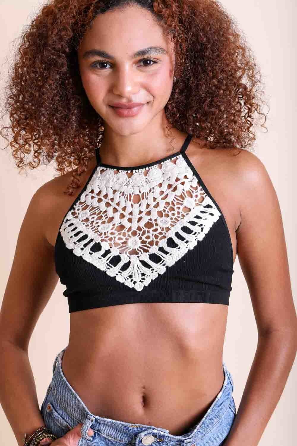 Crochet Lace High Neck Bralette, halter style with cross-back, worn by a woman with curly hair
