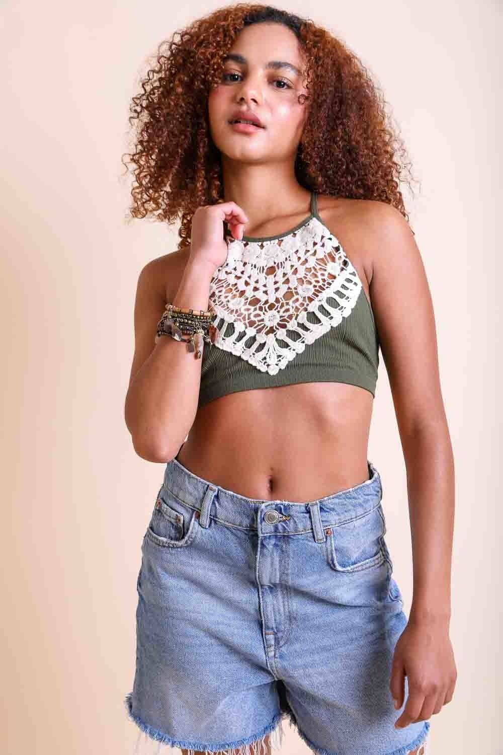 Crochet Lace High Neck Bralette - Halter Style with Cross-Back