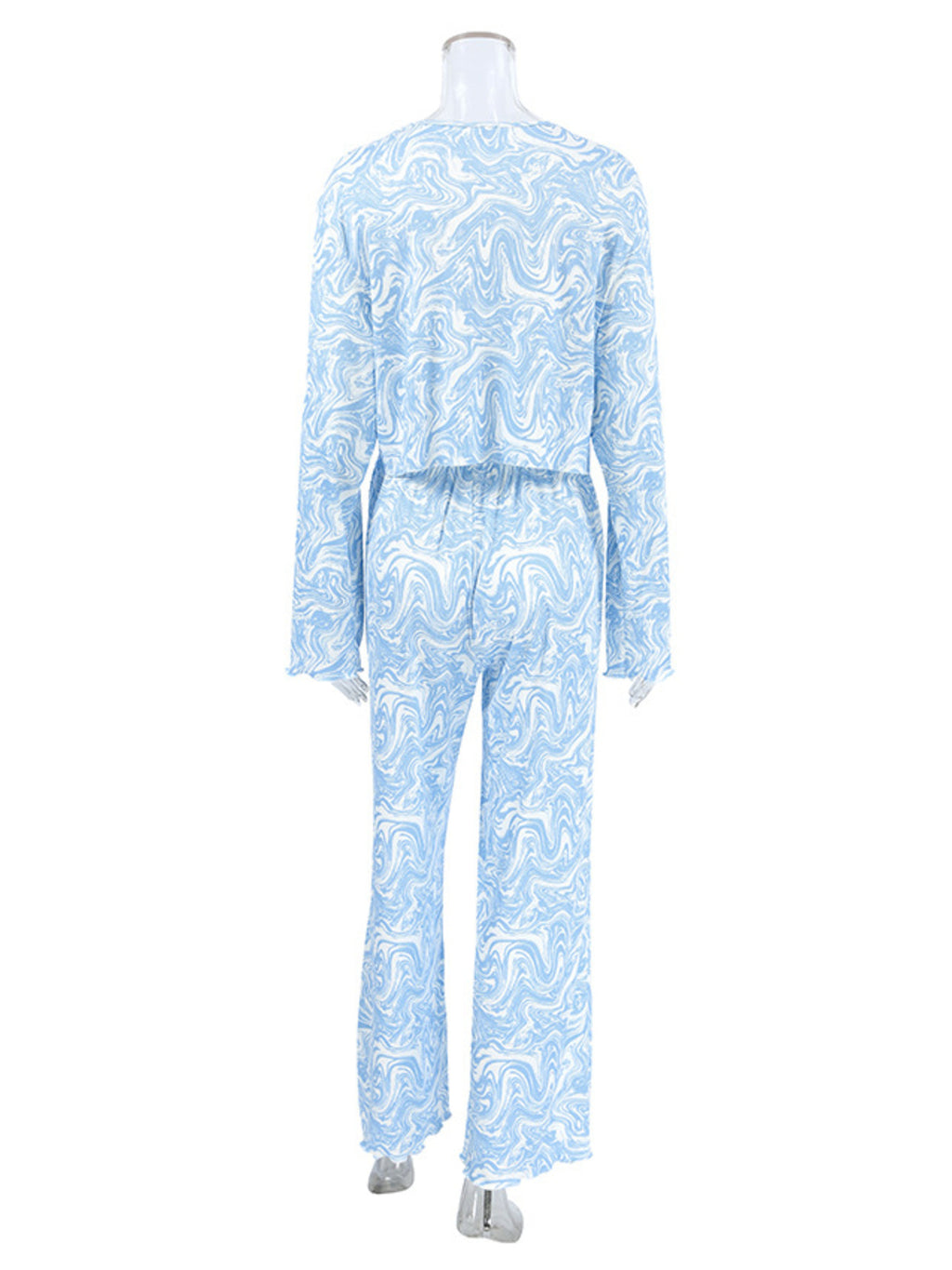 Back view of a Tie Front Long Sleeve Top and Pants Lounge Set in a blue and white swirl pattern