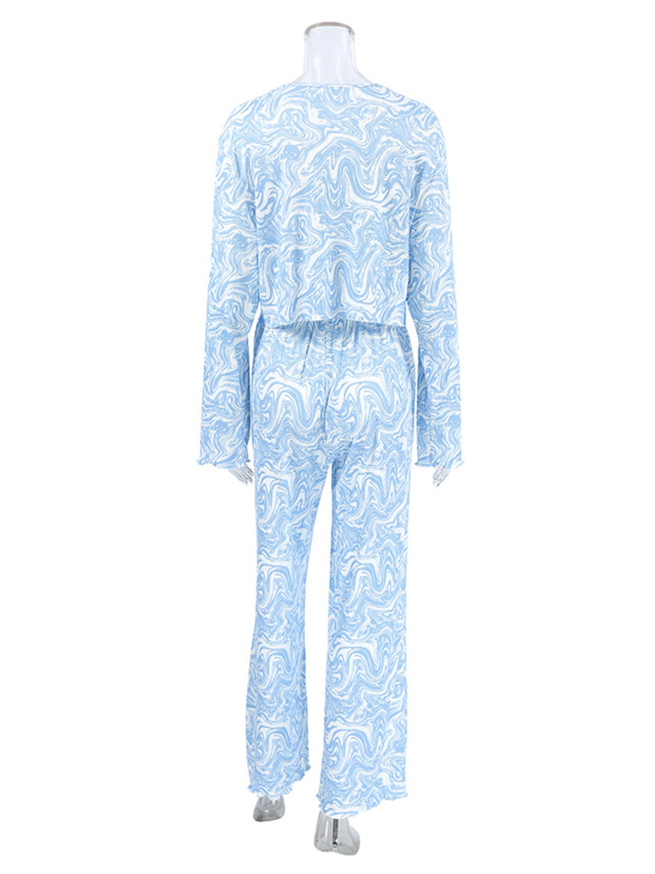 Back view of a Tie Front Long Sleeve Top and Pants Lounge Set in a blue and white swirl pattern