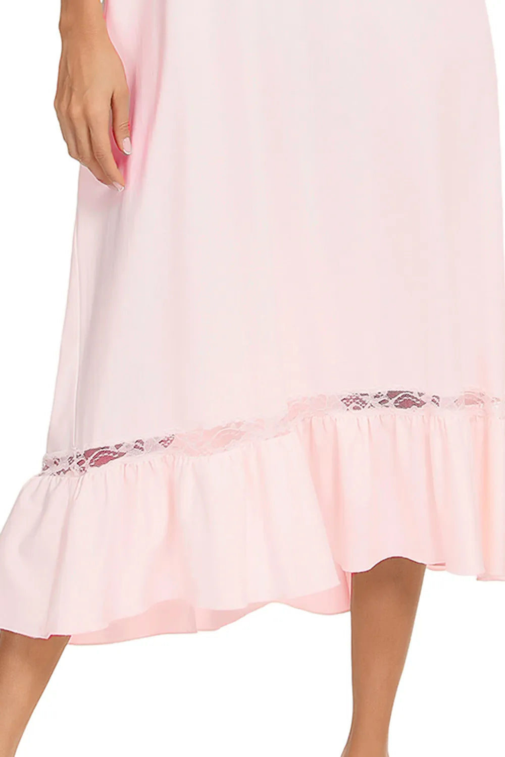 Lace Detail Short Sleeve Lounge Dress in light pink with ruffled hem and lace trim