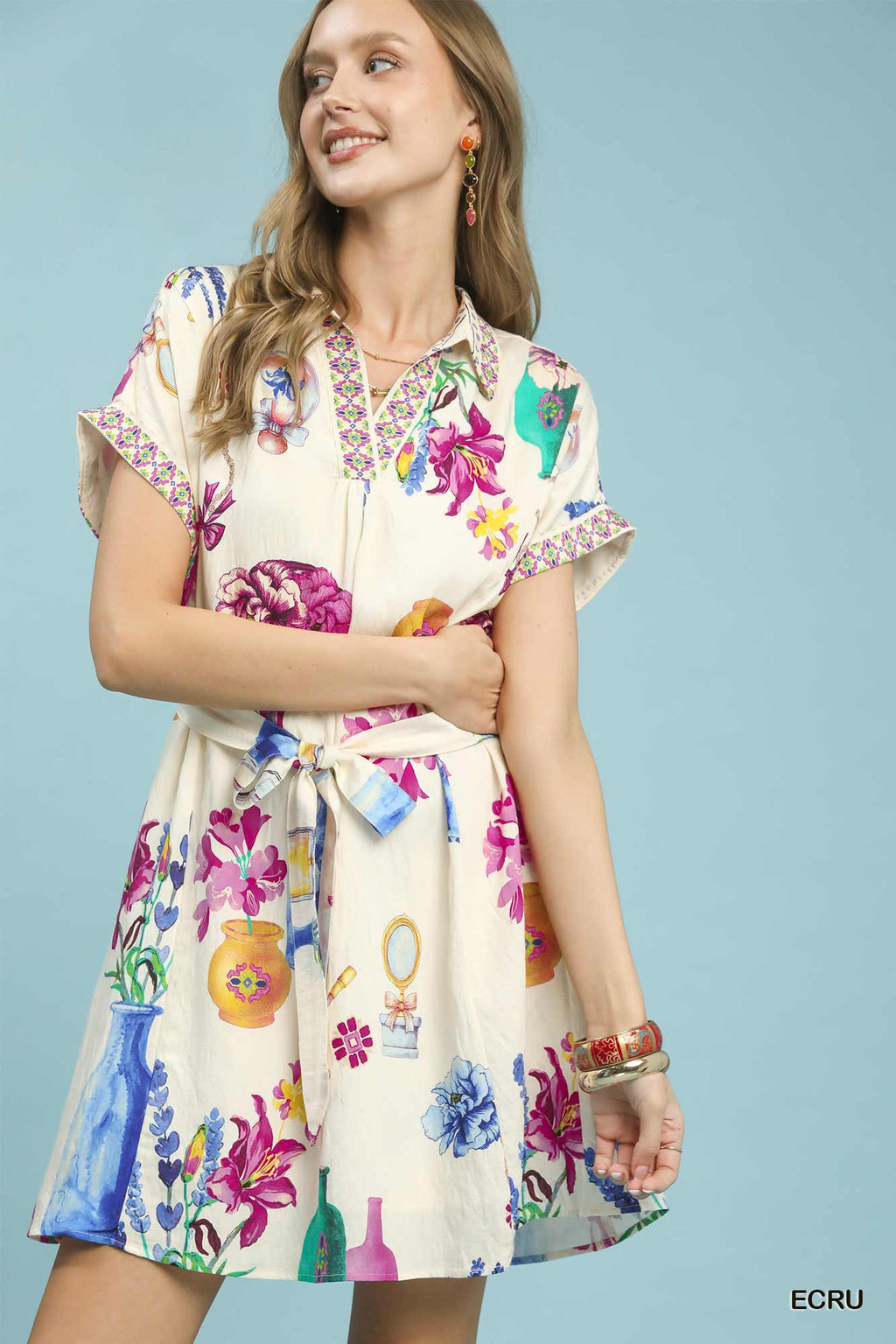 Umgee Floral Print Belted Mini Dress in ecru with colorful floral and vase patterns