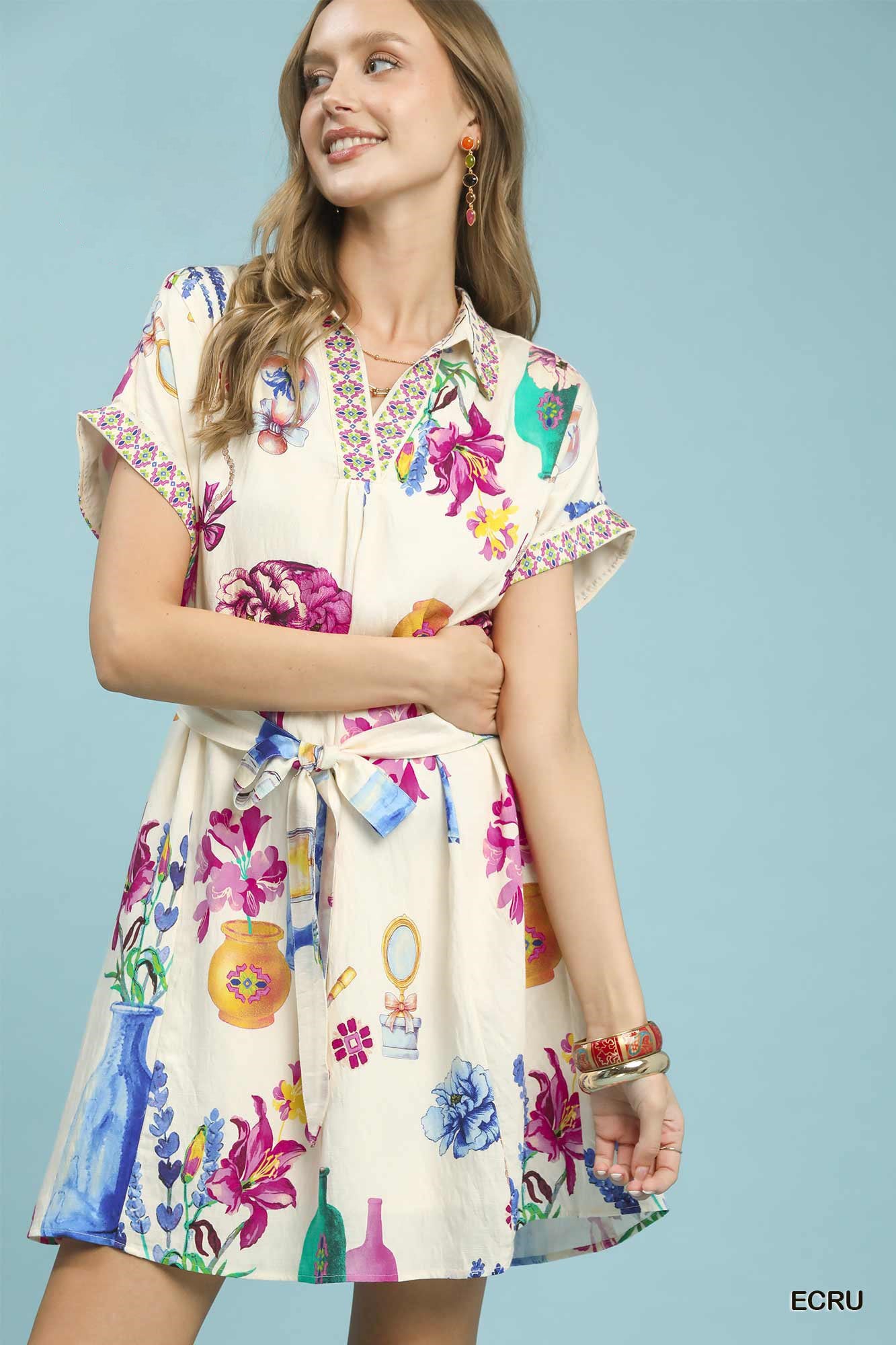 Umgee Floral Print Belted Mini Dress in ecru with colorful floral and vase patterns