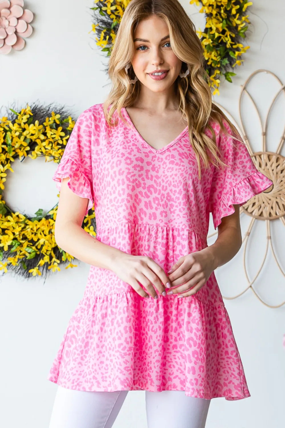 Leopard Ruffle Trim Short Sleeve Top in pink with leopard print