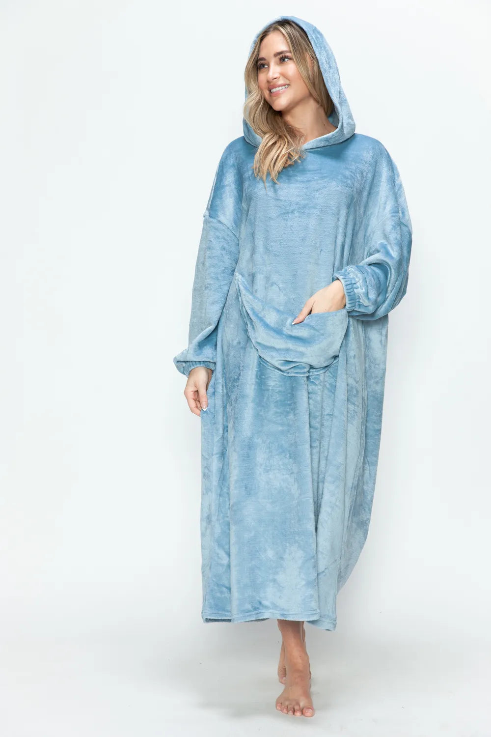 Double Take Full Size Pocketed Hooded Midi Lounge Dress in light blue
