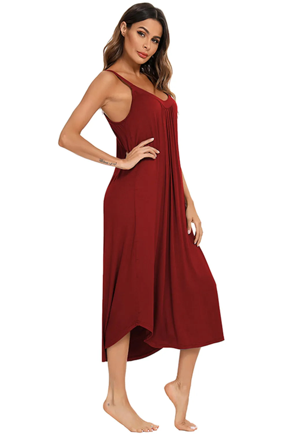 V-Neck Midi Lounge Dress in red with spaghetti straps
