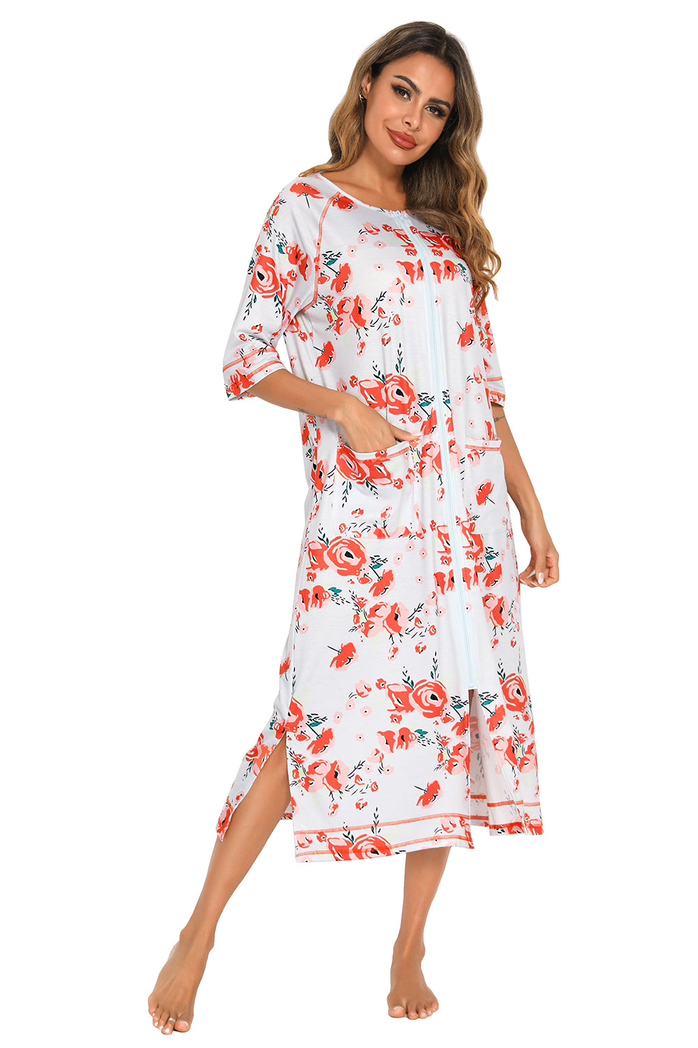 Printed Slit Night Dress with Pockets, white with red floral print, woman standing