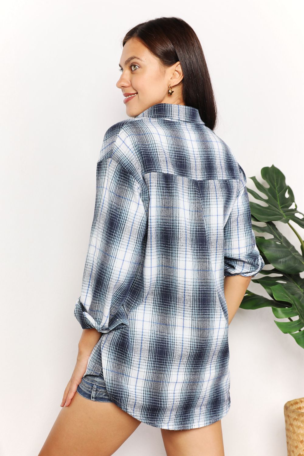 Plaid Button-Front Relaxed Shirt in blue and white plaid, worn by a model from the back