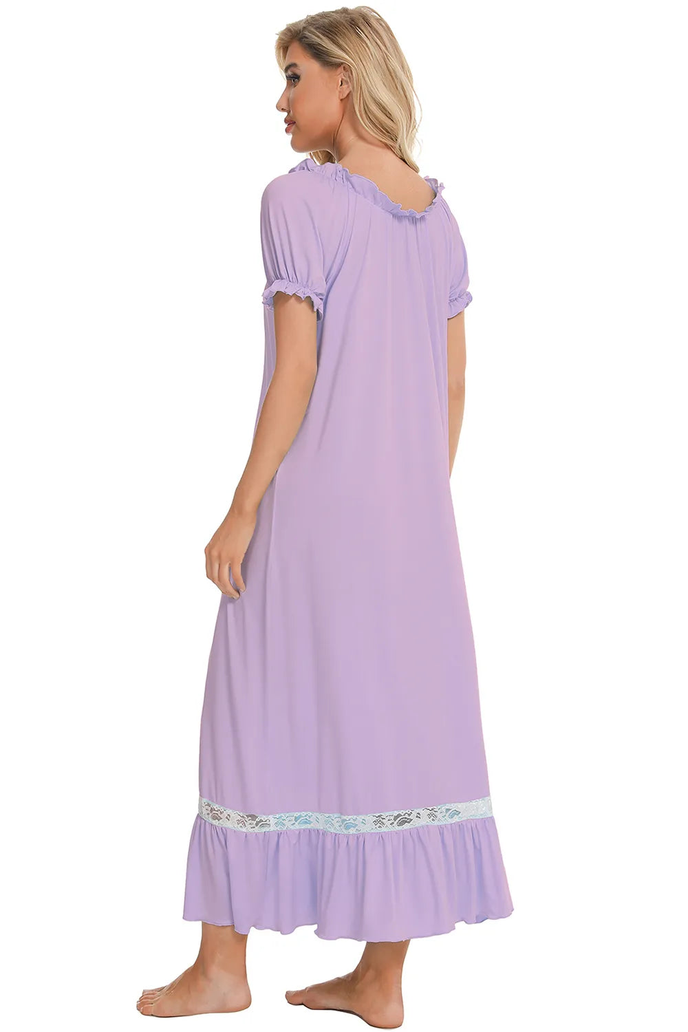 Lace Detail Short Sleeve Lounge Dress in lavender with white lace trim, back view