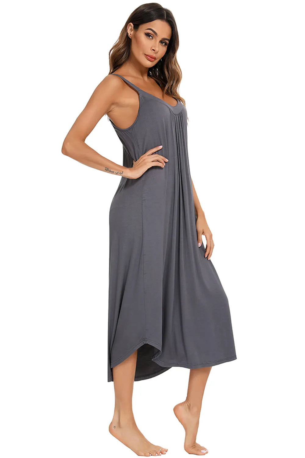 Woman in a V-Neck Midi Lounge Dress