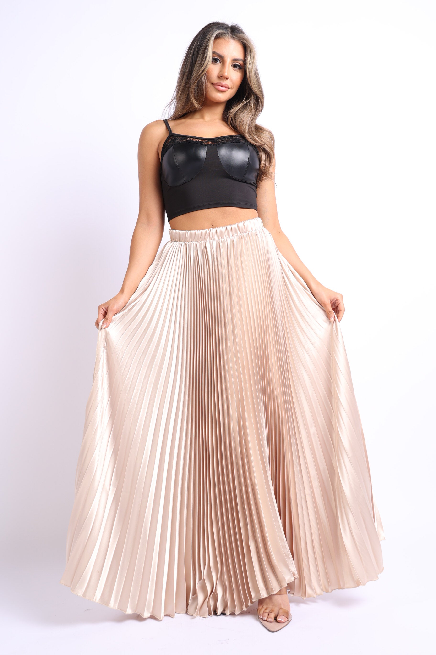 Elastic High Waist A-Line Pleated Satin Maxi Skirt in Taupe