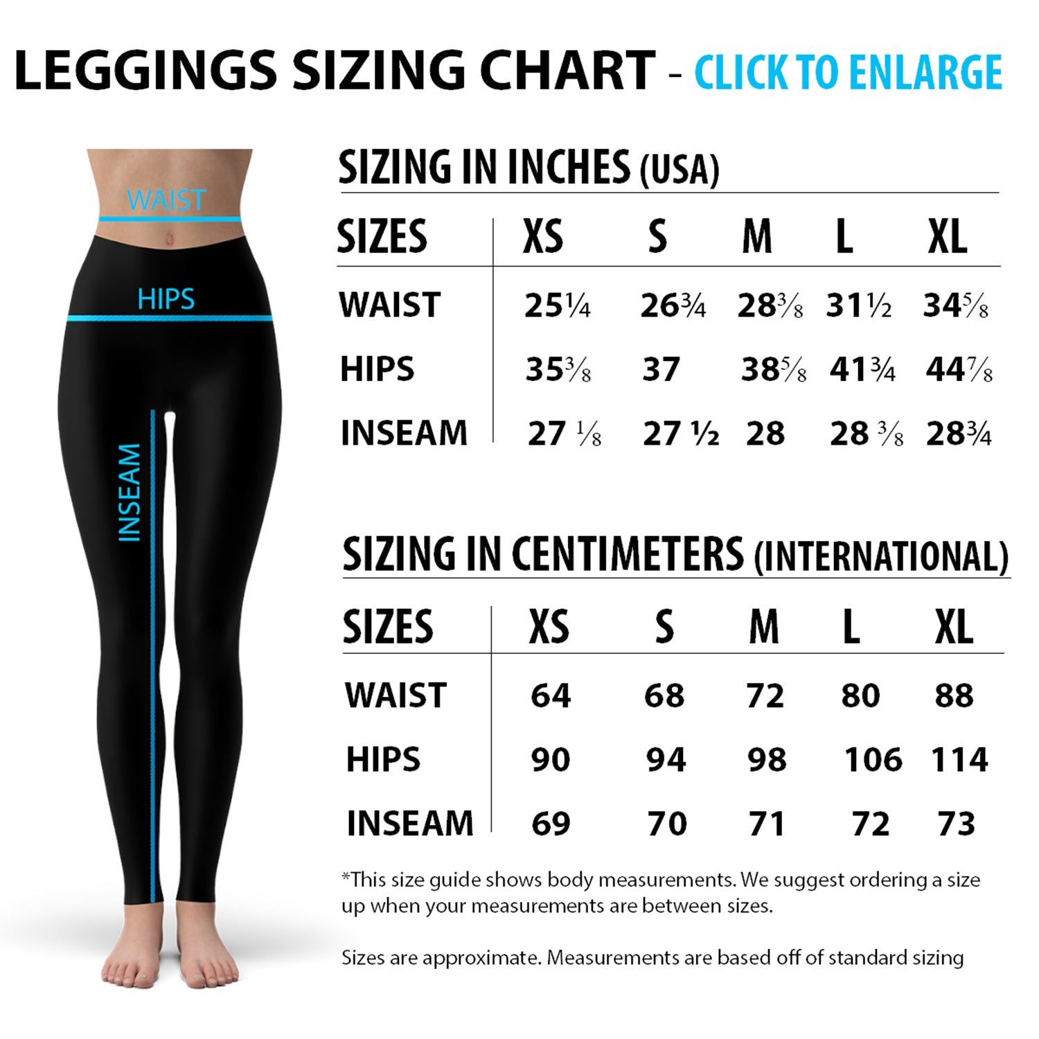 Turquoise Sports Leggings sizing chart with measurements in inches and centimeters