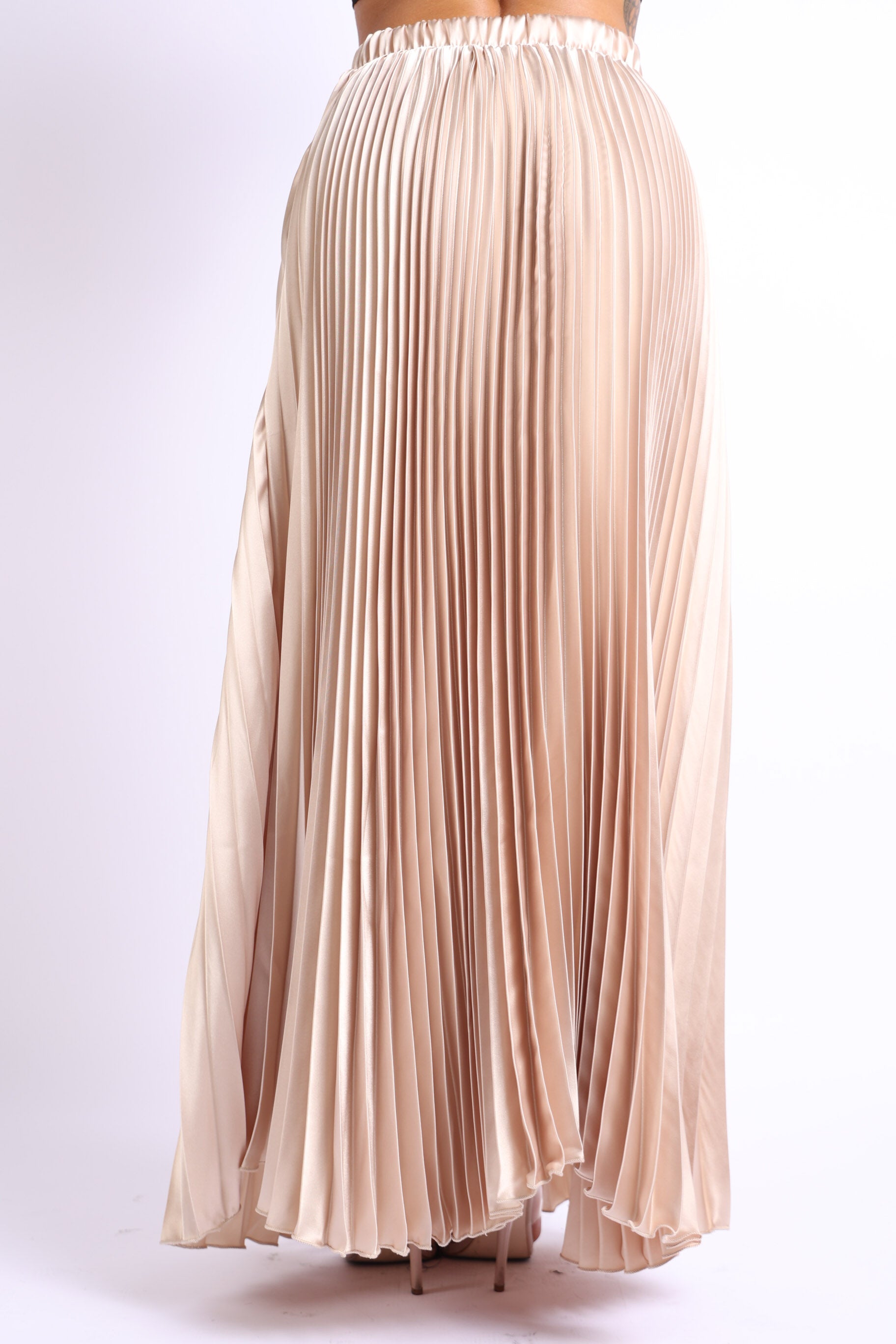 Elastic High Waist A-Line Pleated Satin Maxi Skirt Formal Prom in Taupe
