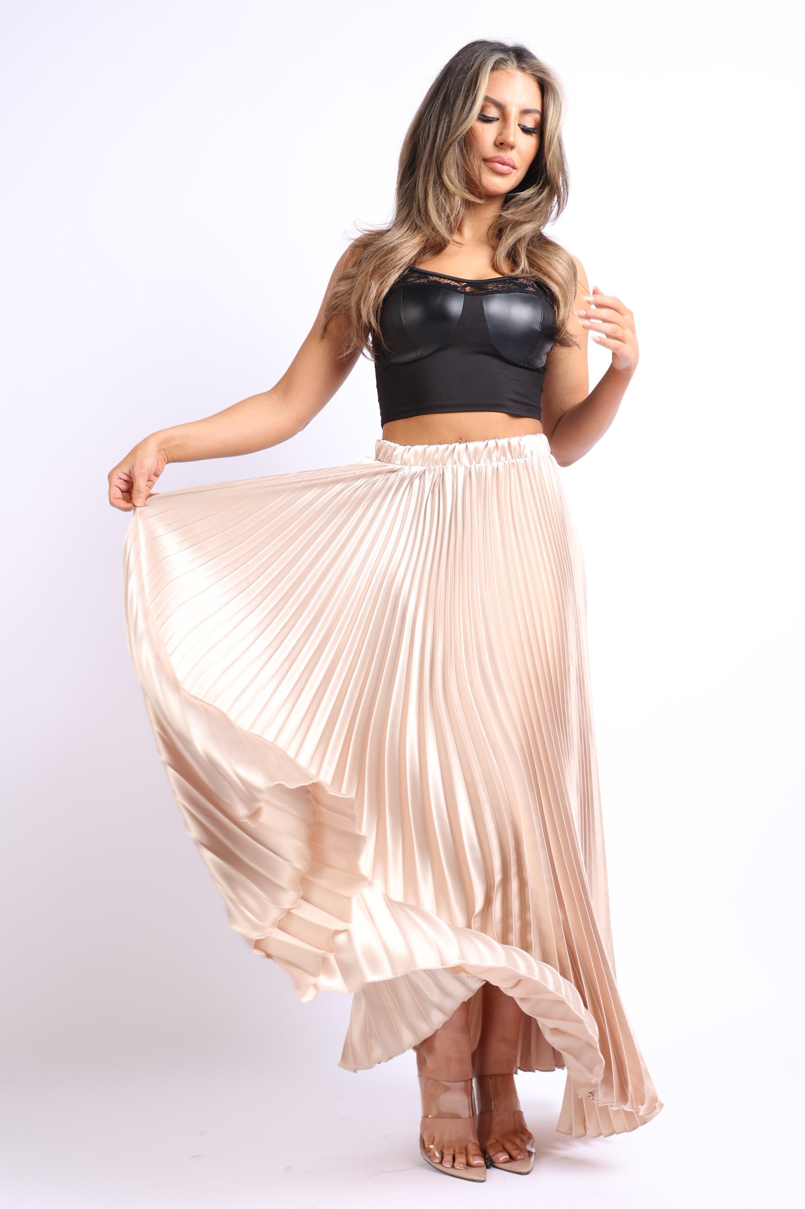 Elastic High Waist A-Line Pleated Satin Maxi Skirt in Taupe