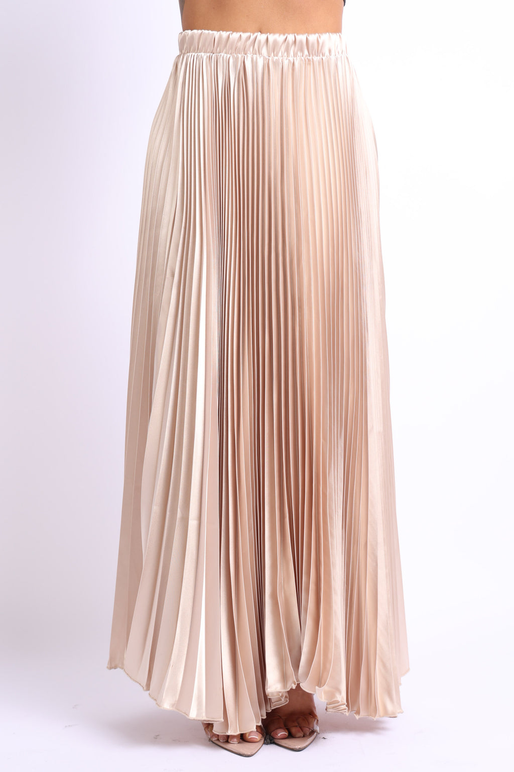 Elastic High Waist A-Line Pleated Satin Maxi Skirt in Taupe