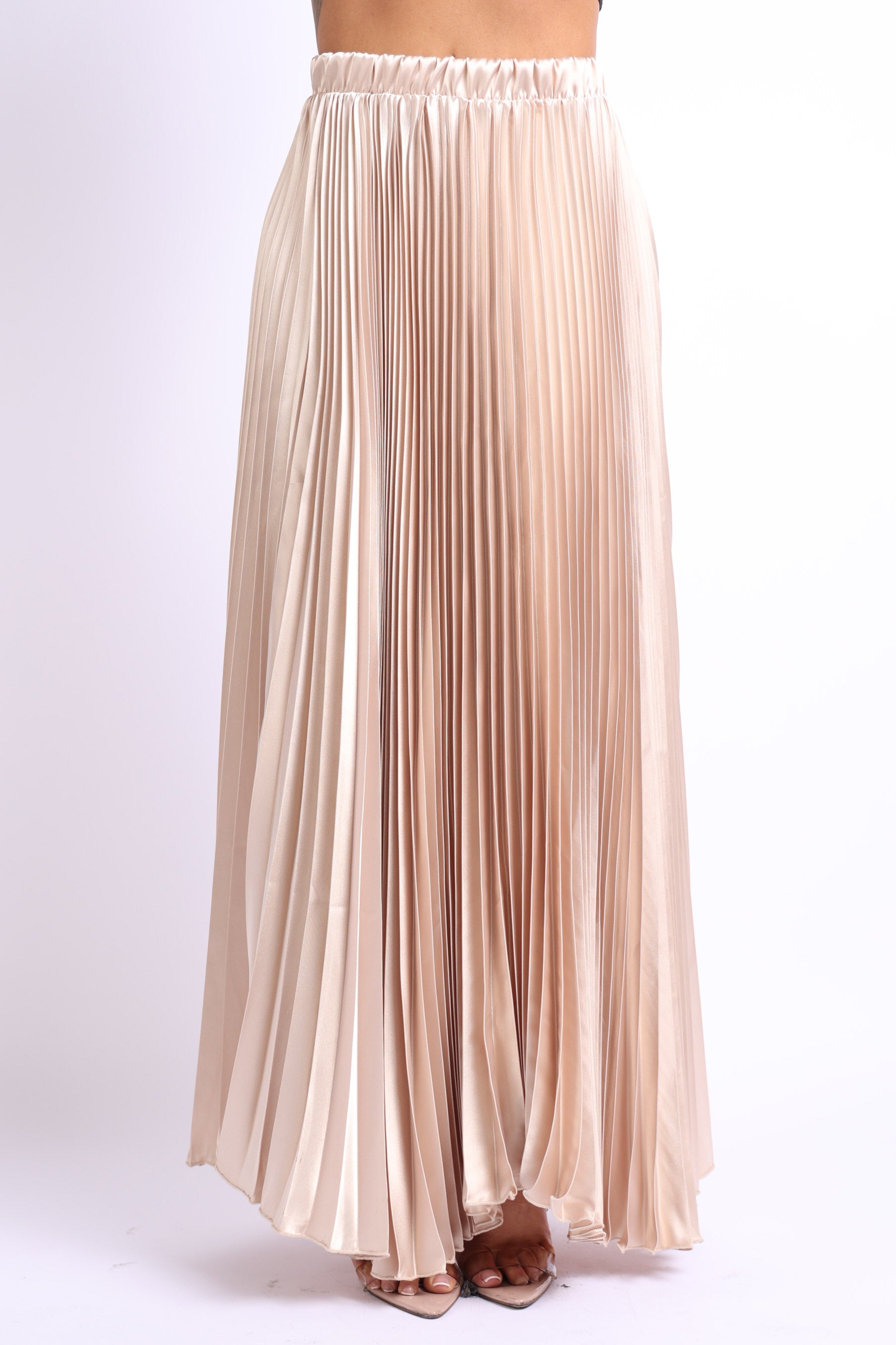 Elastic High Waist A-Line Pleated Satin Maxi Skirt in Taupe