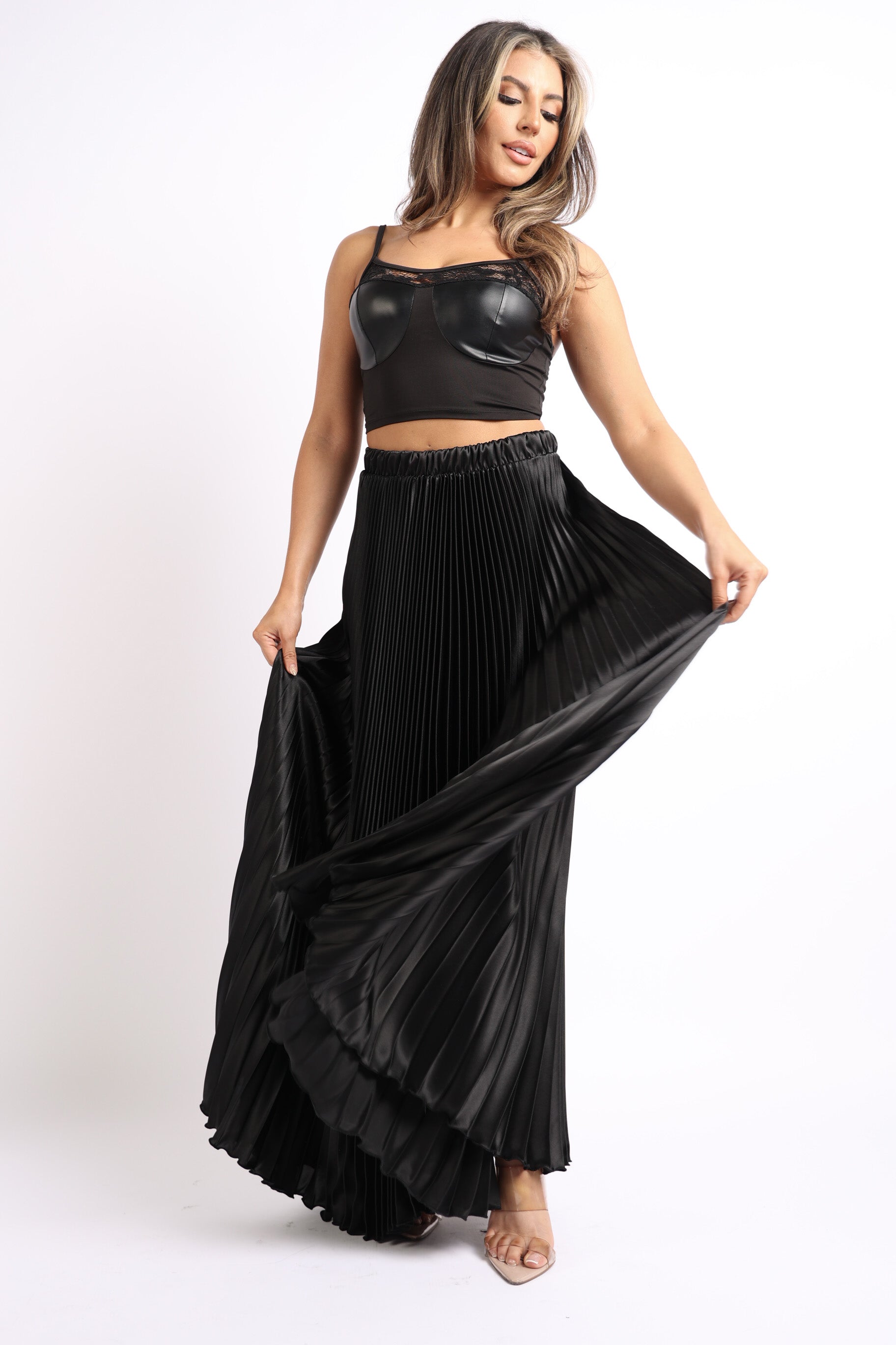Elastic High Waist A-Line Pleated Satin Maxi Skirt in black