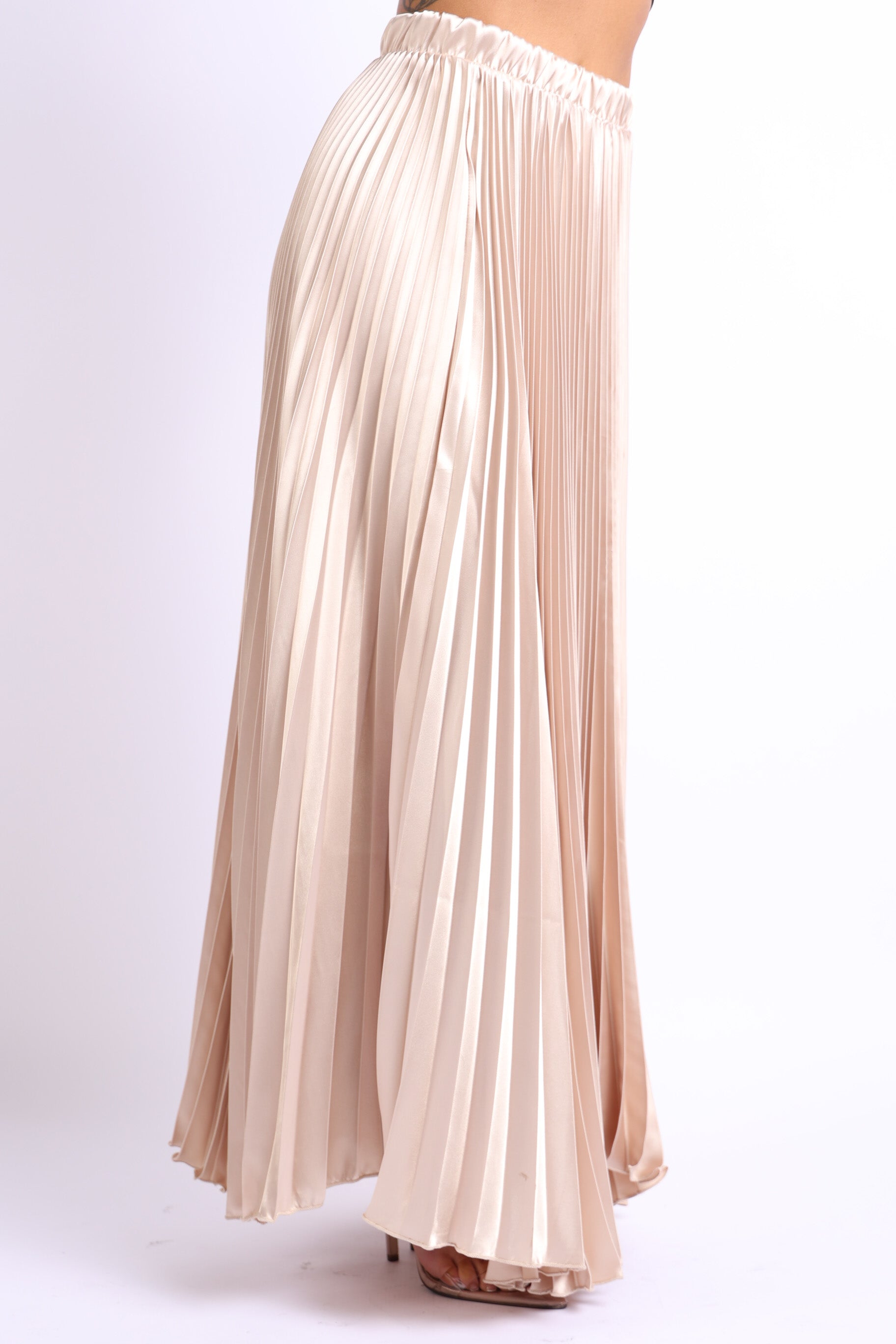 Elastic High Waist A-Line Pleated Satin Maxi Skirt in Taupe