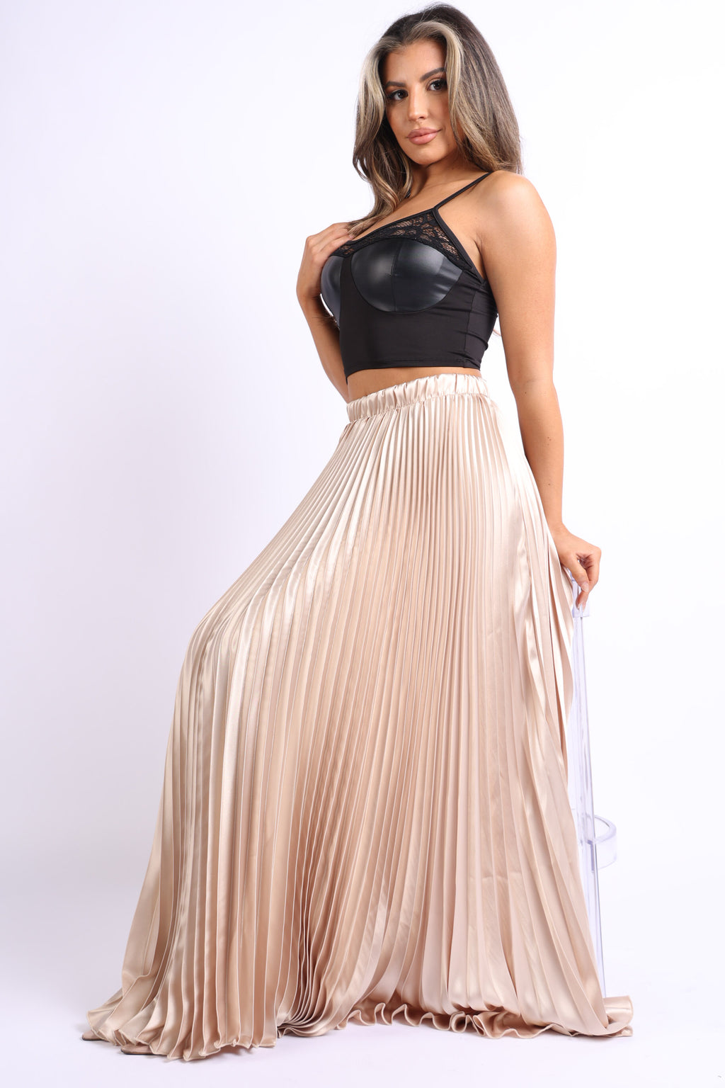 Elastic High Waist A-Line Pleated Satin Maxi Skirt in Taupe