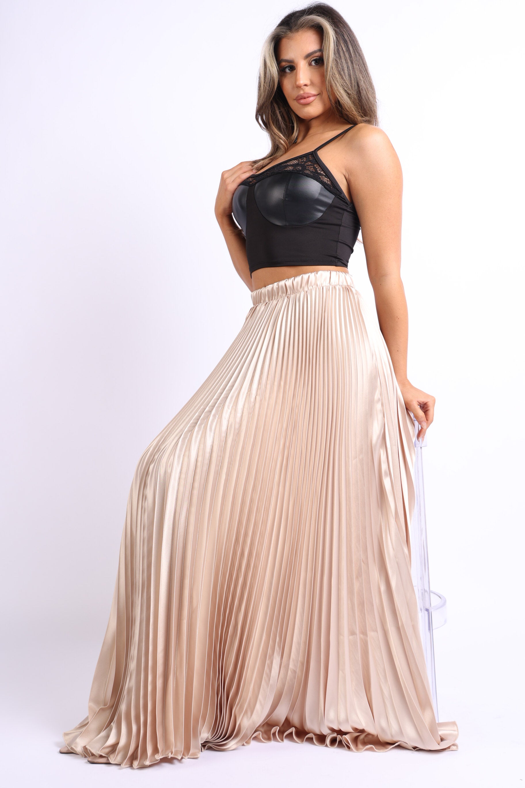 Elastic High Waist A-Line Pleated Satin Maxi Skirt in Taupe