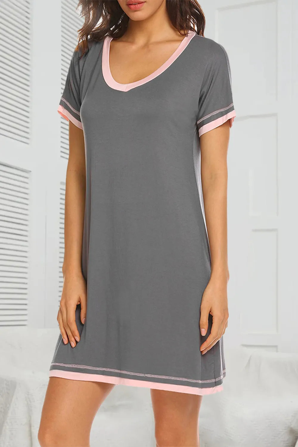 Contrast Trim Short Sleeve Lounge Dress in grey with pink trim