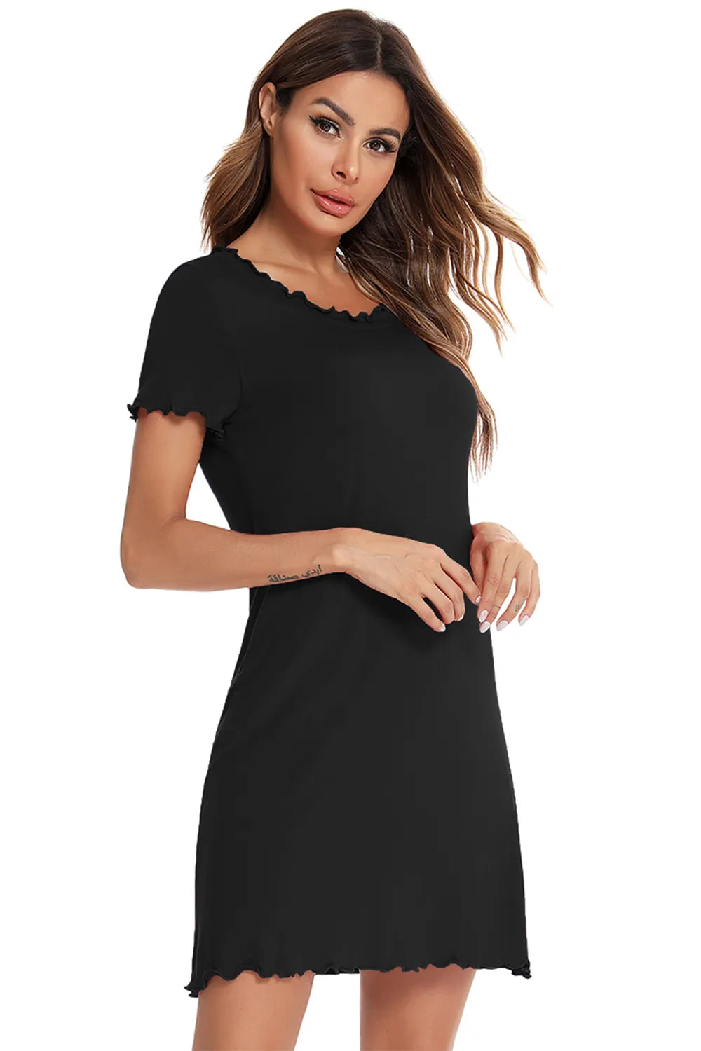 Round Neck Short Sleeve Lounge Dress in black with ruffled trim