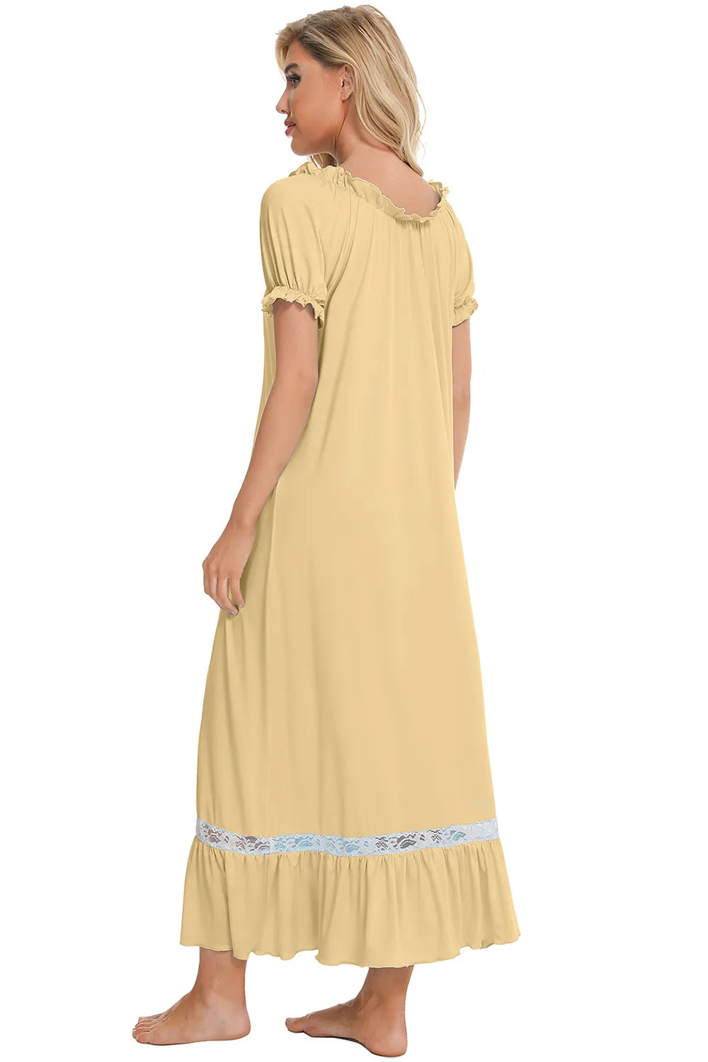 Lace Detail Short Sleeve Lounge Dress in light yellow with ruffled neckline and sleeves, light blue lace trim