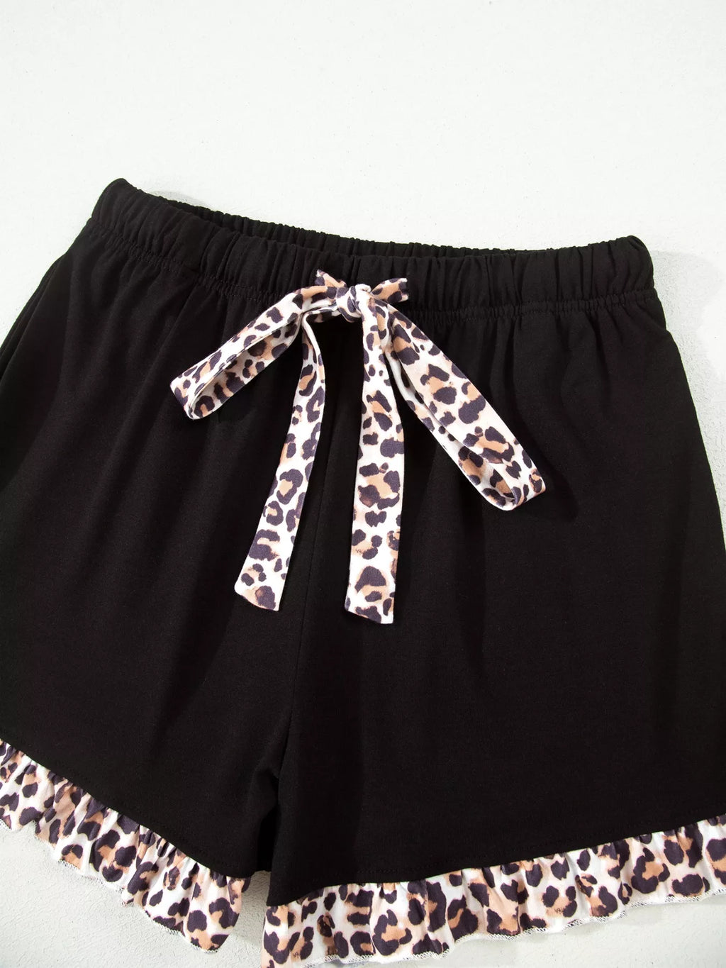 Leopard Patchwork Trim Lapel Shirt Drawstring Shorts 2pcs Pajama Set