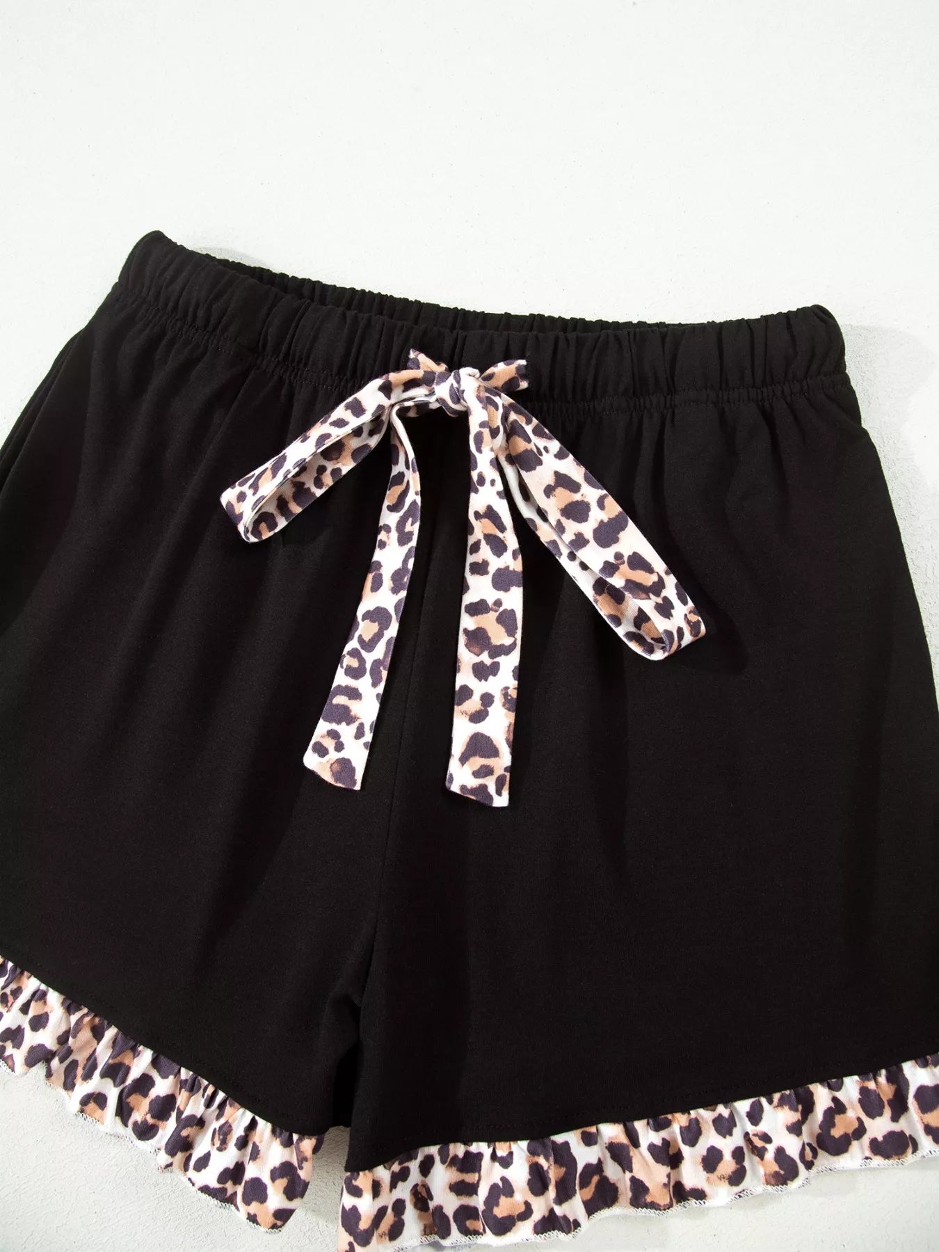 Leopard Patchwork Trim Lapel Shirt Drawstring Shorts 2pcs Pajama Set