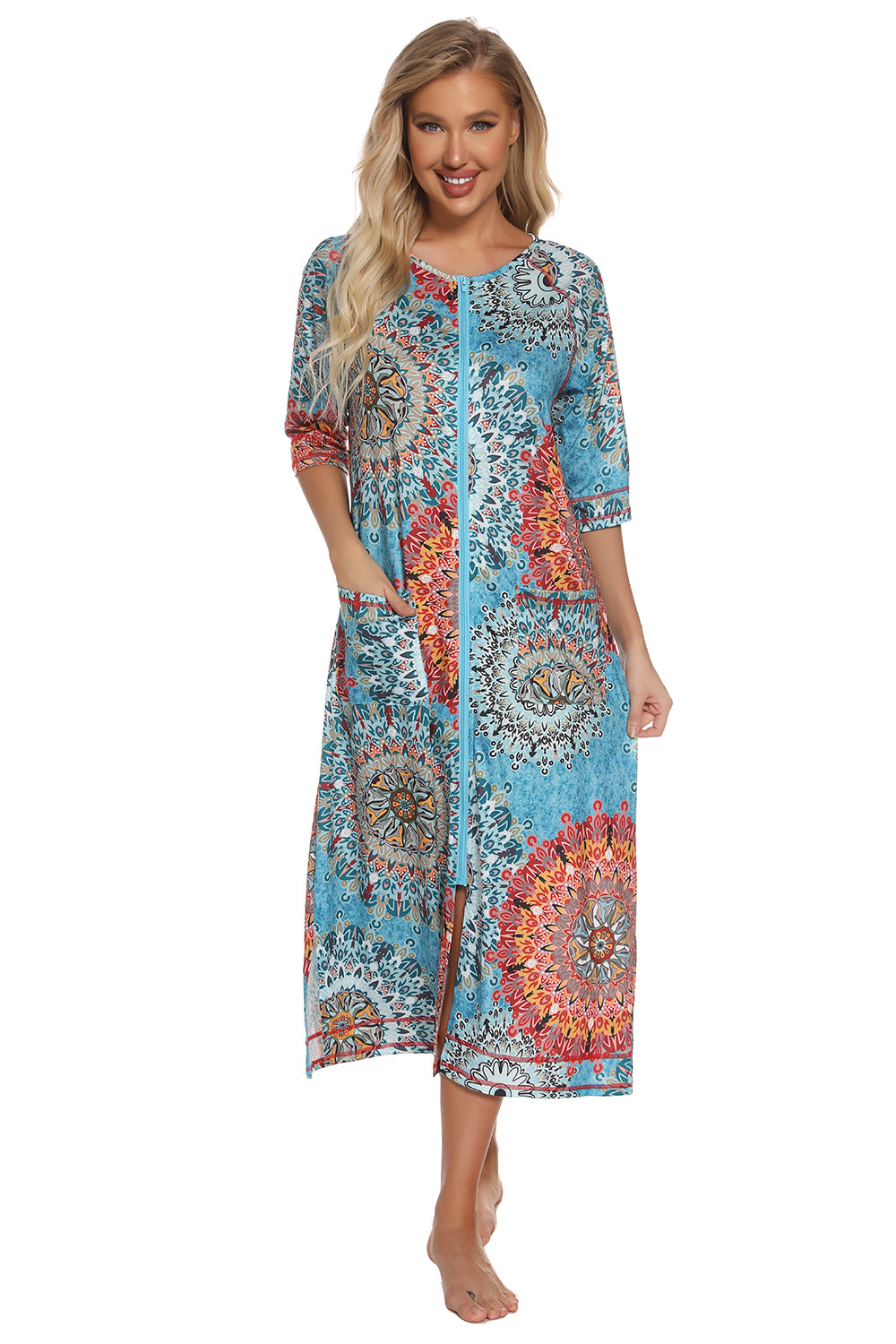 Printed Slit Night Dress with Pockets, blue, orange, and red mandala pattern, full zipper, 3/4 sleeves