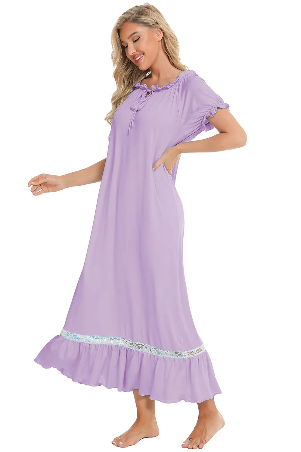 Lace Detail Short Sleeve Lounge Dress in lavender with ruffled neckline and lace trim on hem