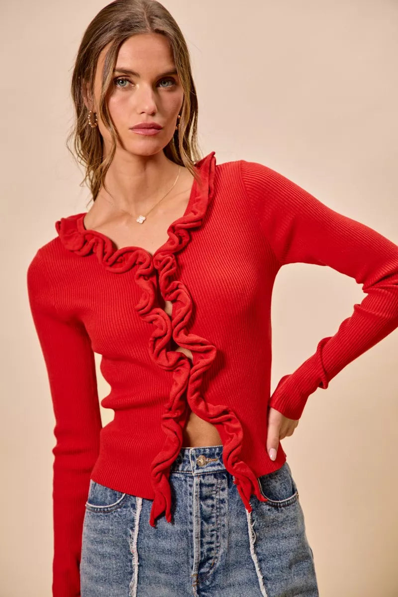 SO ME Cascade Ruffle Ribbed Sweater Cardigan in red with long sleeves and ruffled trim
