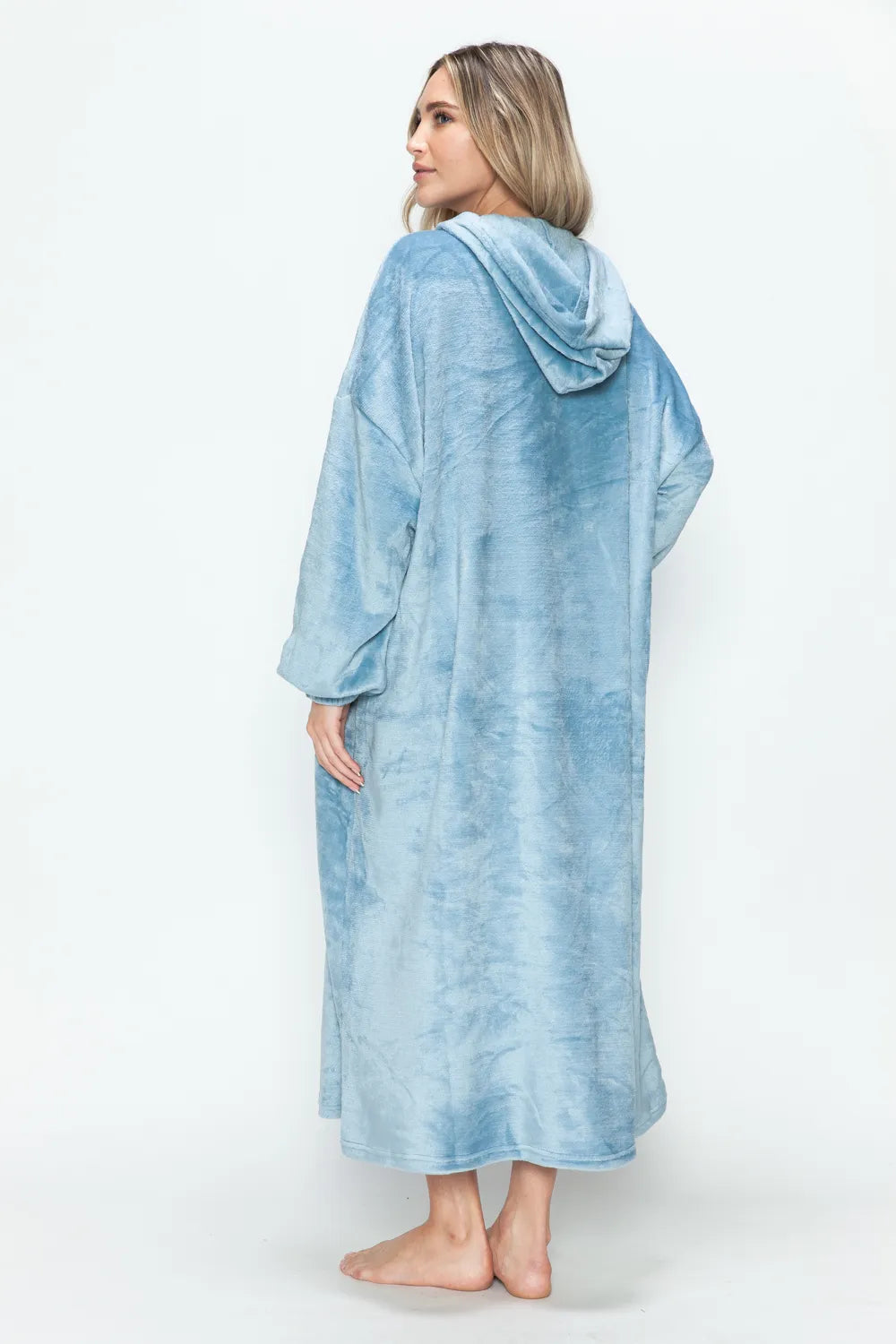 Double Take Full Size Pocketed Hooded Midi Lounge Dress in light blue, seen from the back