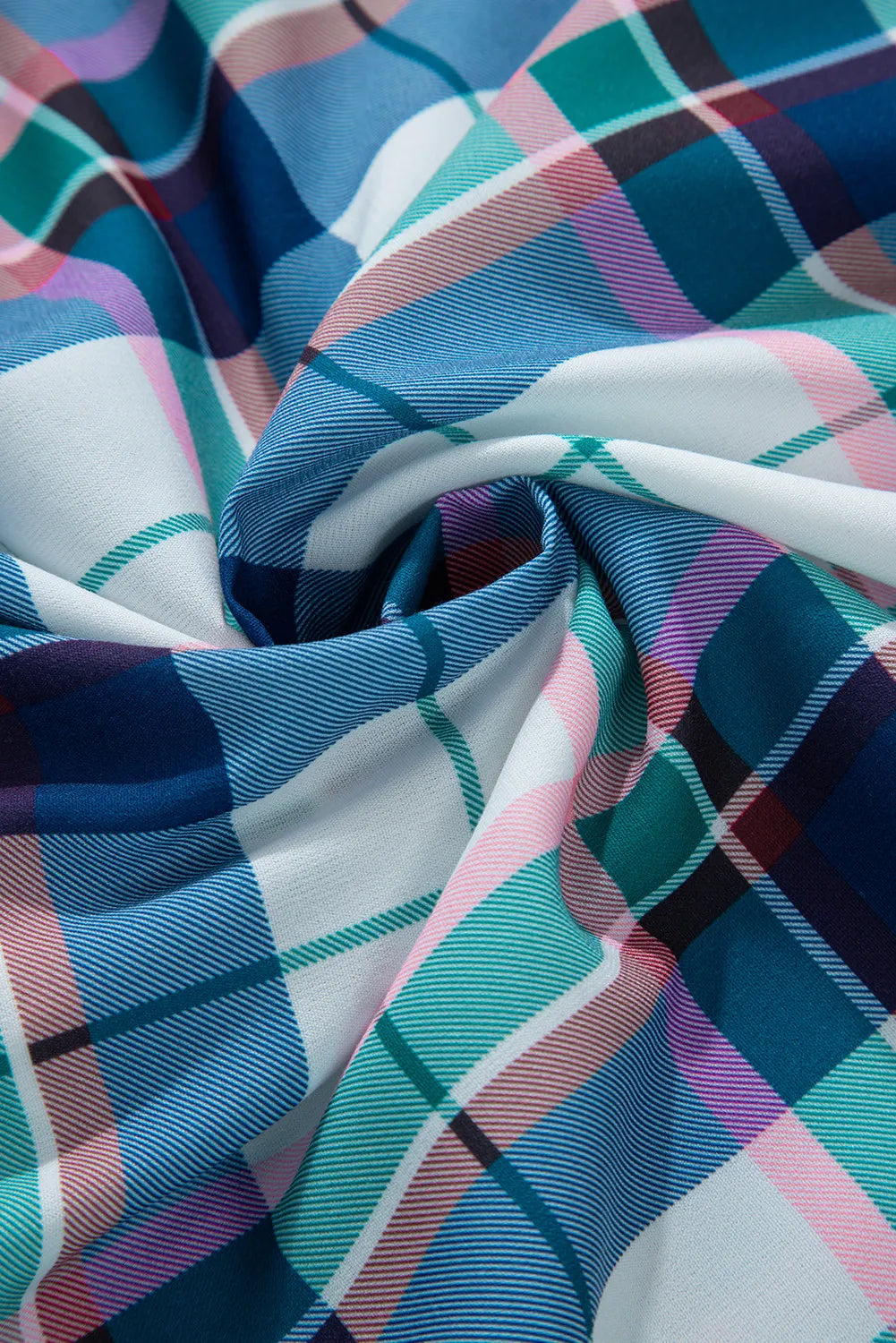 Close up of the Plaid Snap Down Long Sleeve Top and Shorts Lounge Set fabric