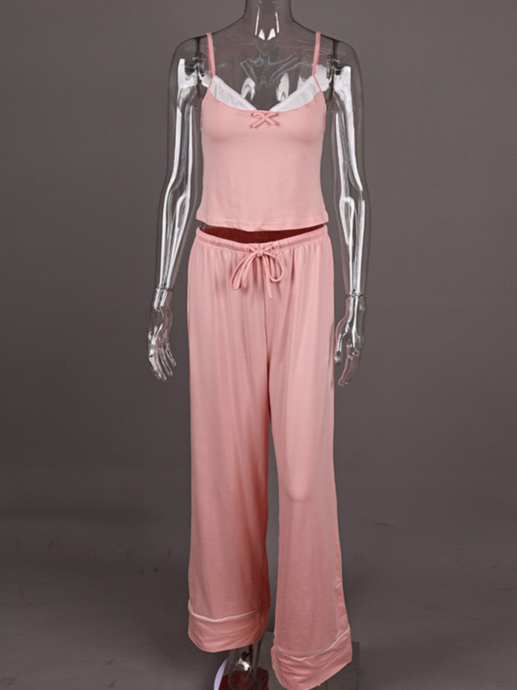Lace Trim Cami & Pants Lounge Set in pink on a mannequin