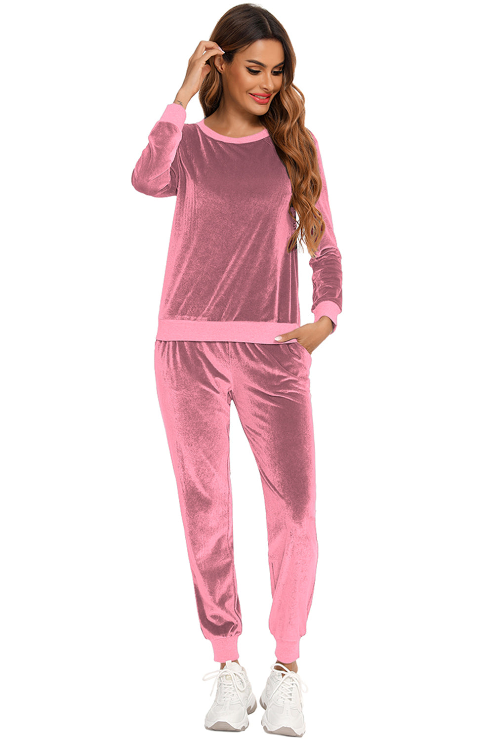 Round Neck Long Sleeve Loungewear Set with Pockets in pink